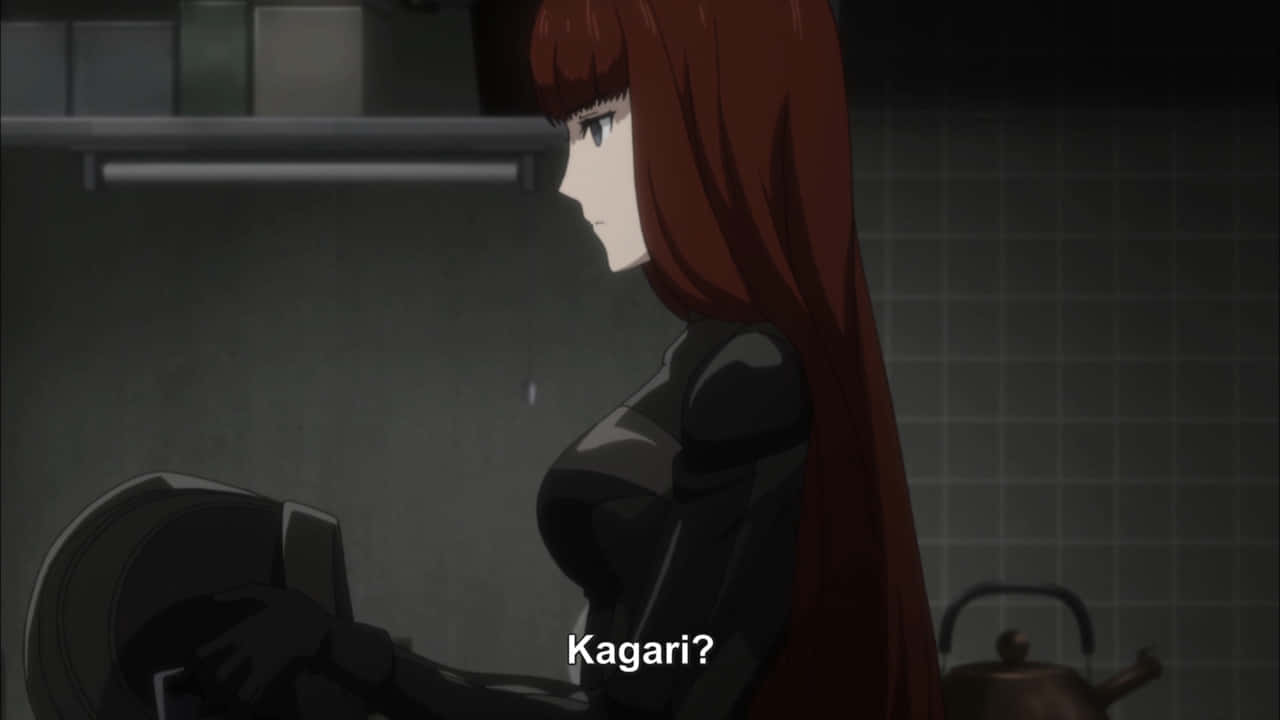 Kagari Shiina 桌布 壁紙 — 動漫女孩，長紅髮，在昏暗的廚房裡拿著頭盔。