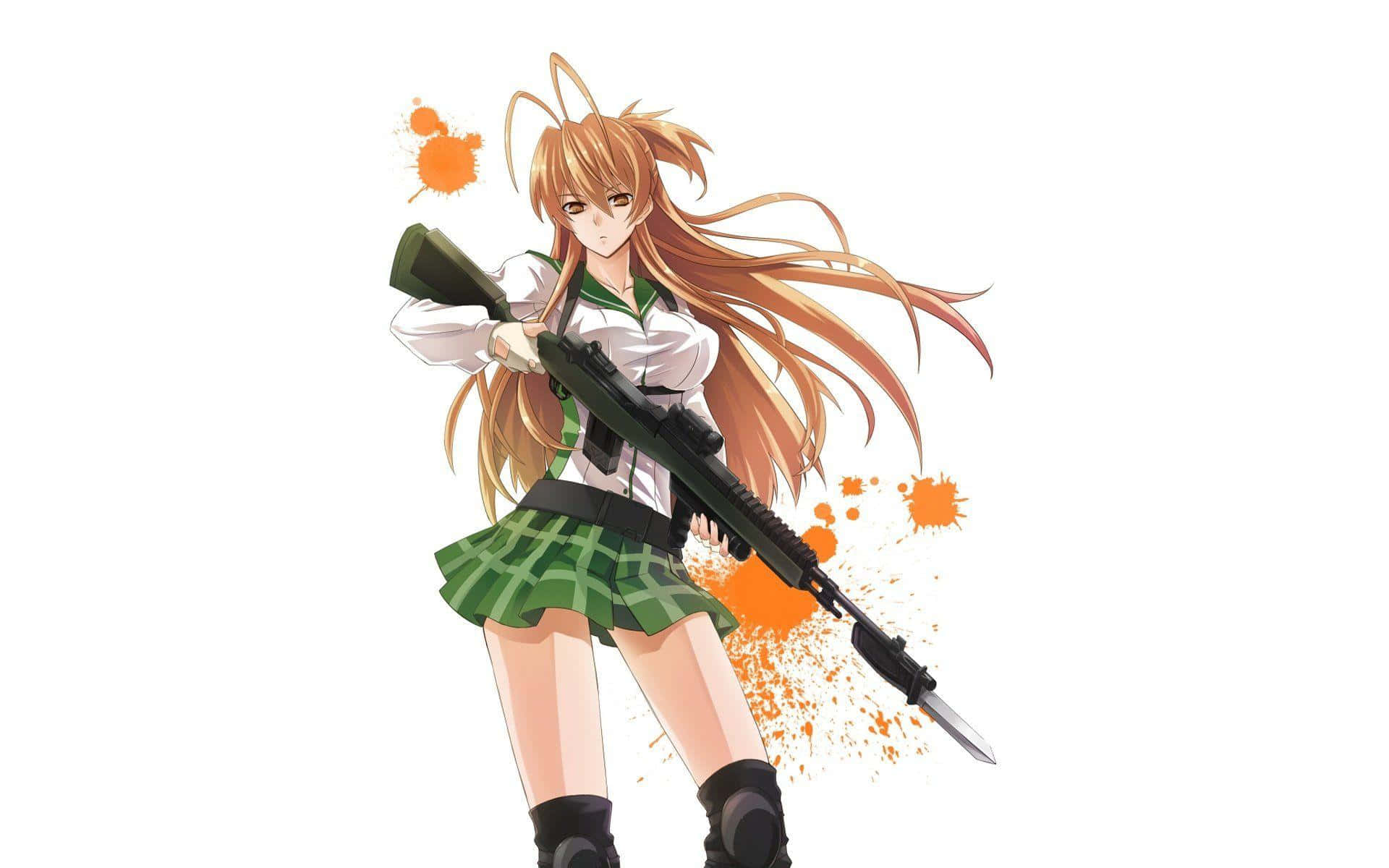 Highschool Of The Dead 桌布 壁紙 — 動漫女孩，長長橙色頭髮，穿著校服，在白色背景上橙色油漆飛濺中手持步槍。