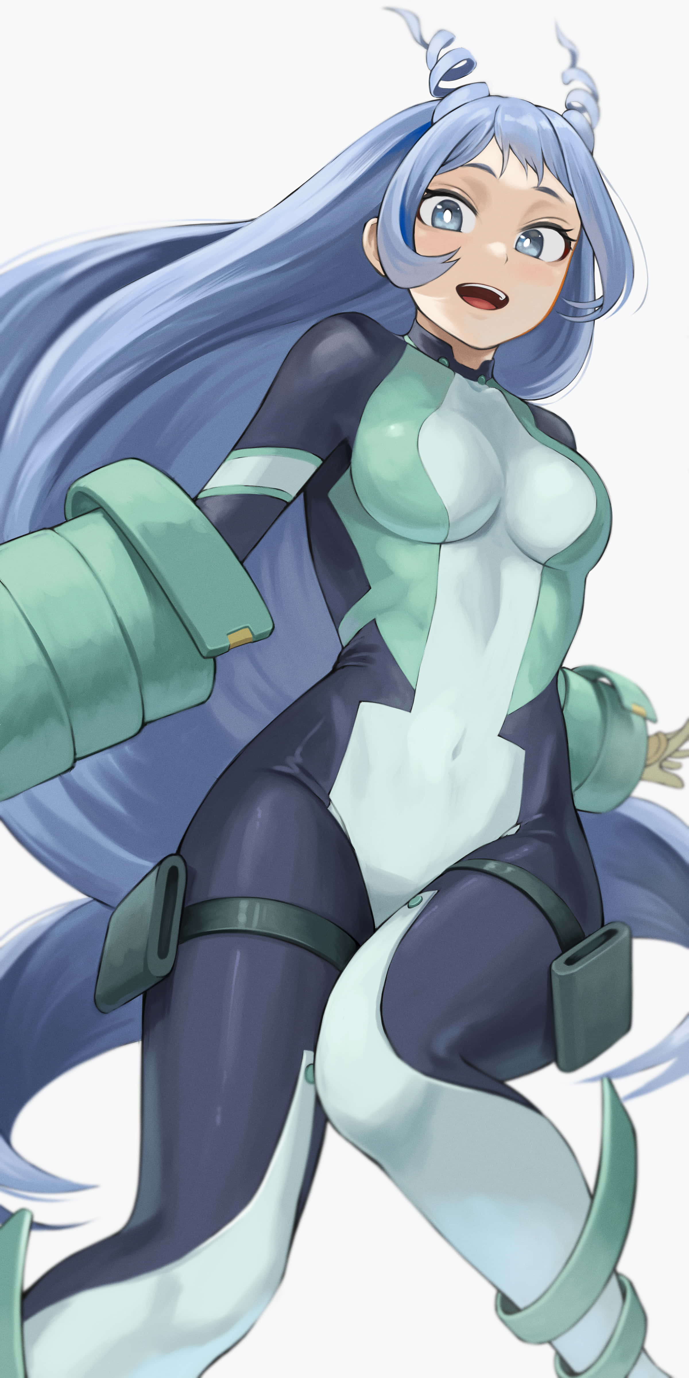 Nejire Hado 桌布 壁紙 — 動漫女孩，長長藍髮，綠色盔甲，在純白背景前動態擺姿勢。