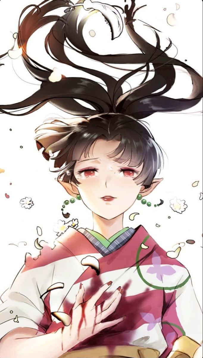 Inuyasha Kagura 桌布 壁紙 — 動漫女孩，黑髮紅眼，身穿花卉和服，花瓣和葉子在她周圍旋轉。