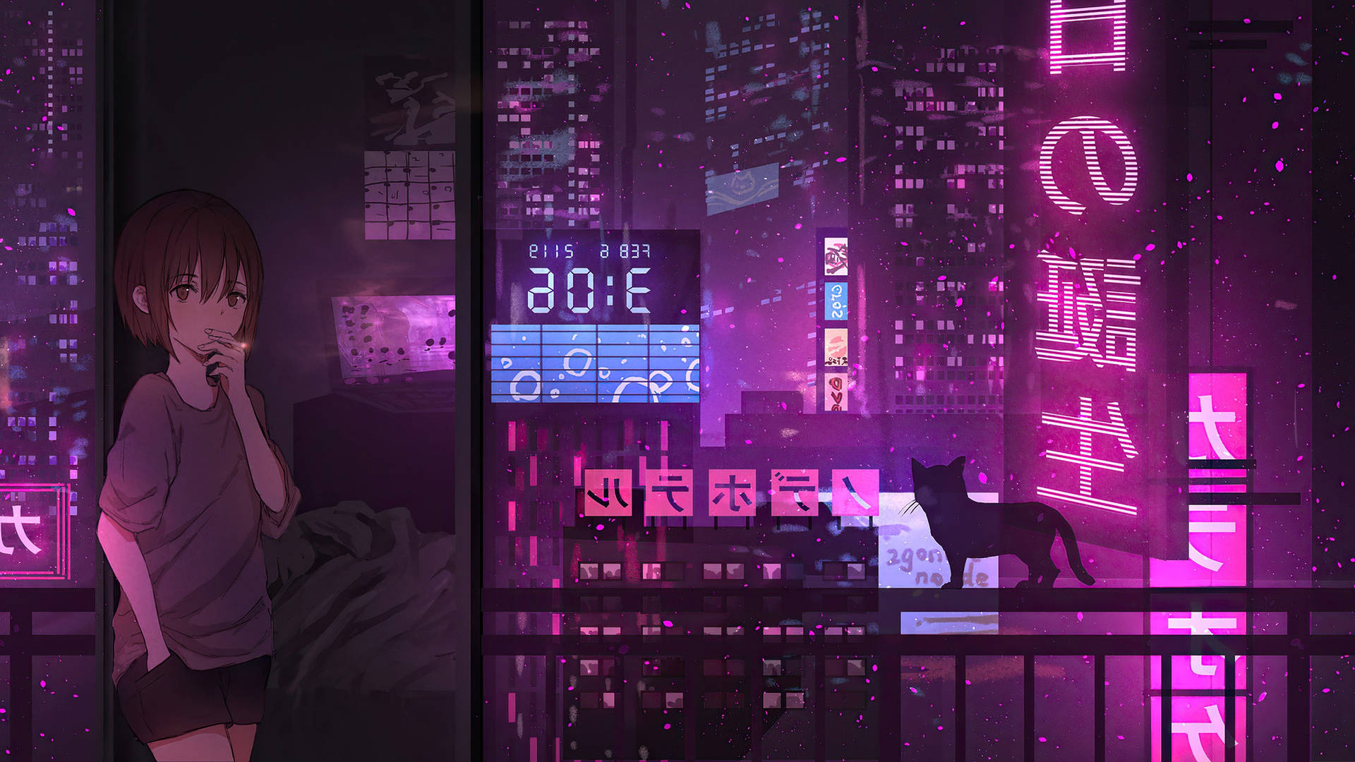 窗邊的動漫女孩看著夜晚發光的紫色城市，帶有貓剪影。