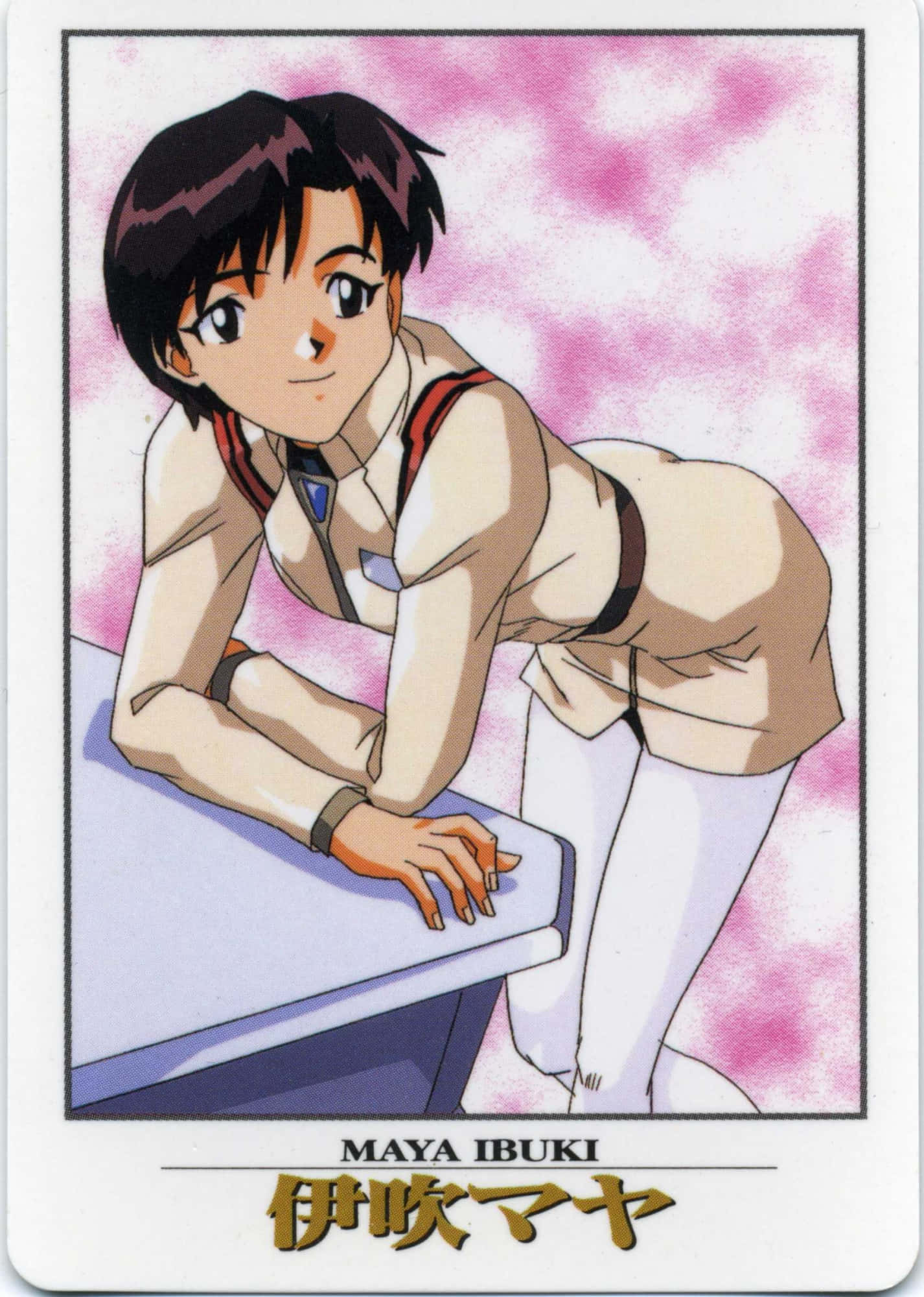 Maya Ibuki 桌布 壁紙 — 動漫女孩Maya Ibuki喺粉紅色雲朵背景前，自信咁微笑住向前挨喺書枱上。