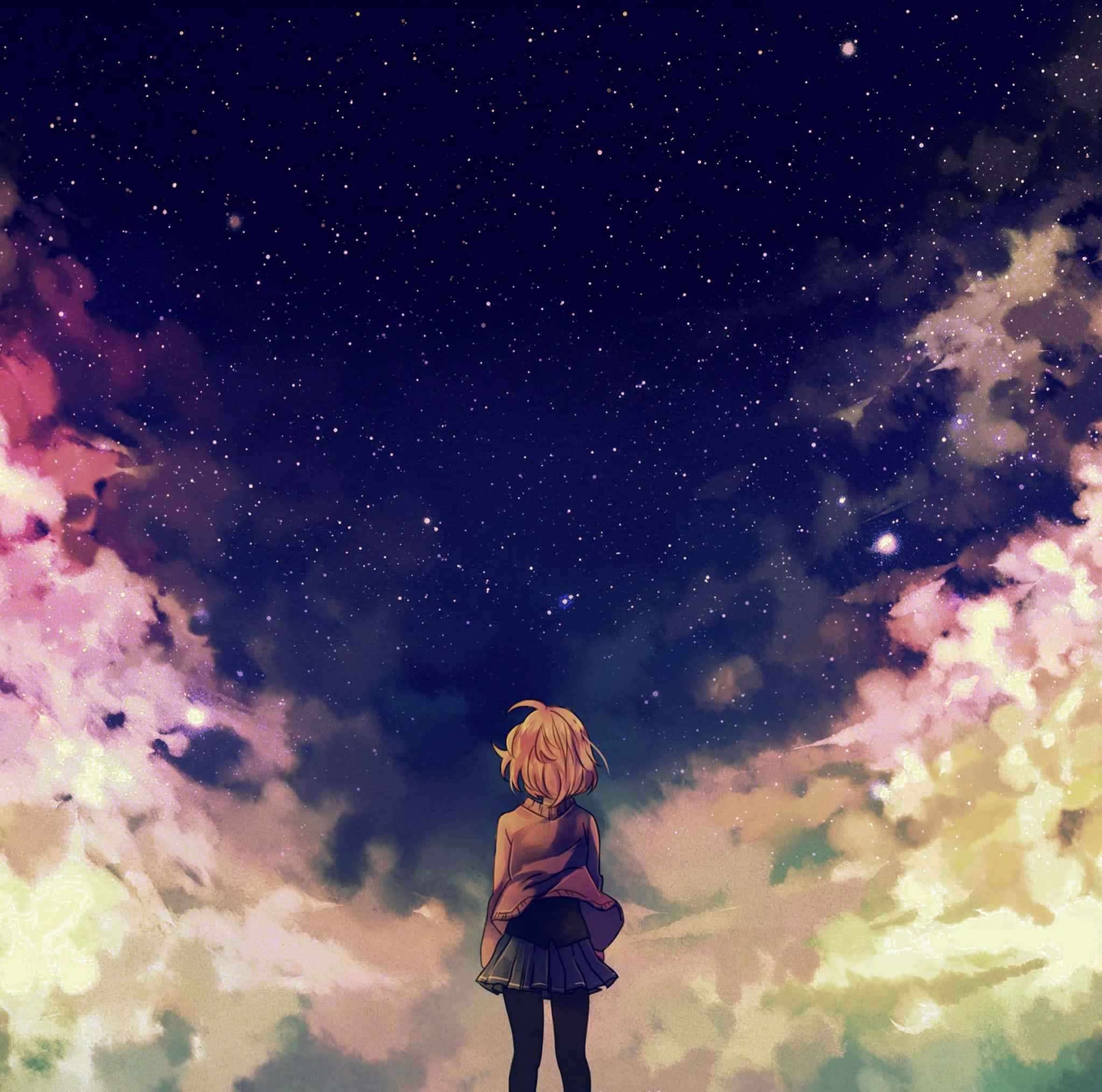 動漫女孩仰望彩色雲天iPad背景 壁紙 — 一個孤獨的金髮動漫女孩仰望星空，夜空被發光的粉紅色和黃色雲彩框住。