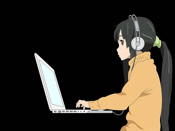 戴住耳機嘅動漫女仔喺手提電腦上打字。