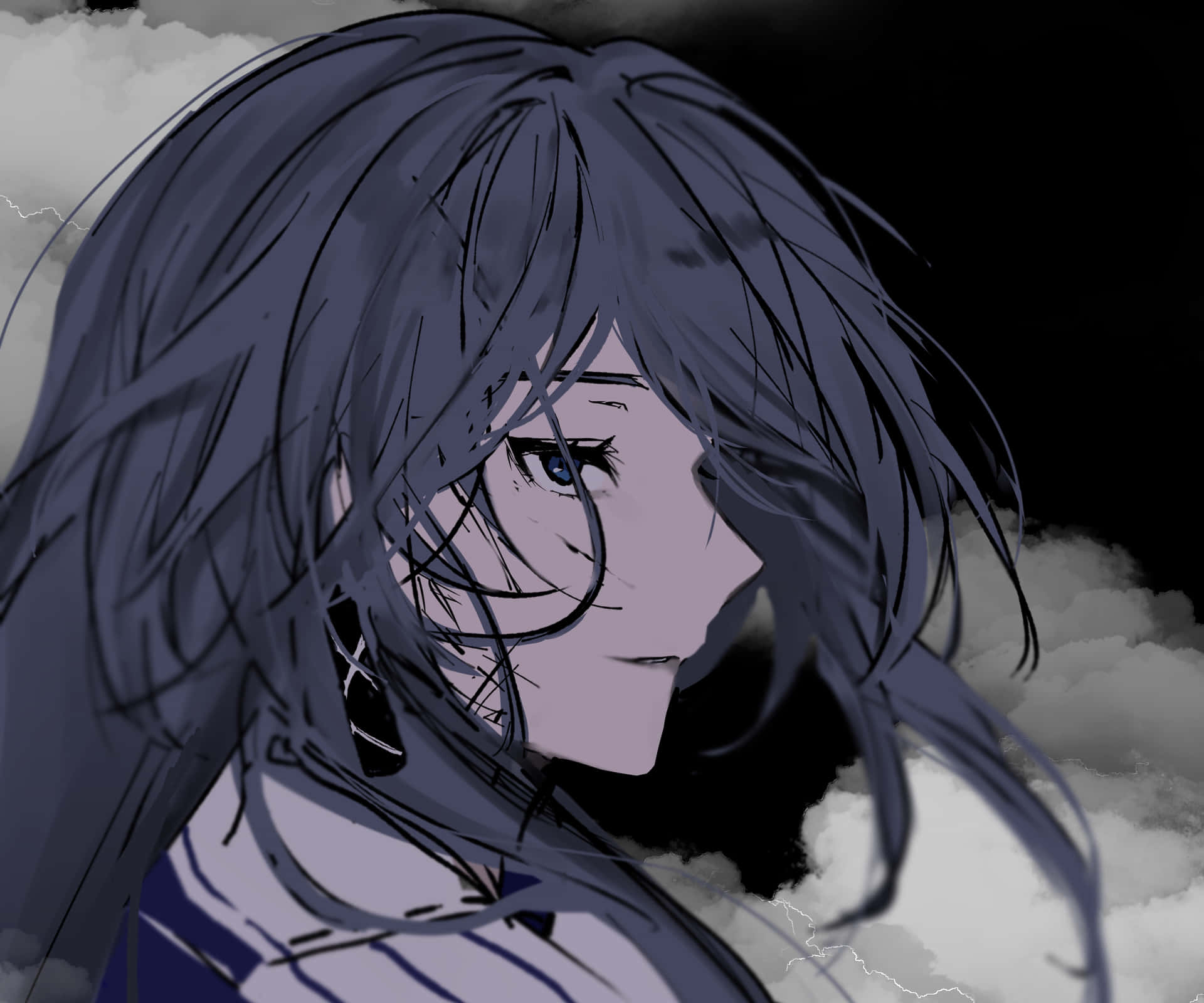 深色頭髮和藍色眼睛的動漫女孩，側視著暴風雨雲和閃電。