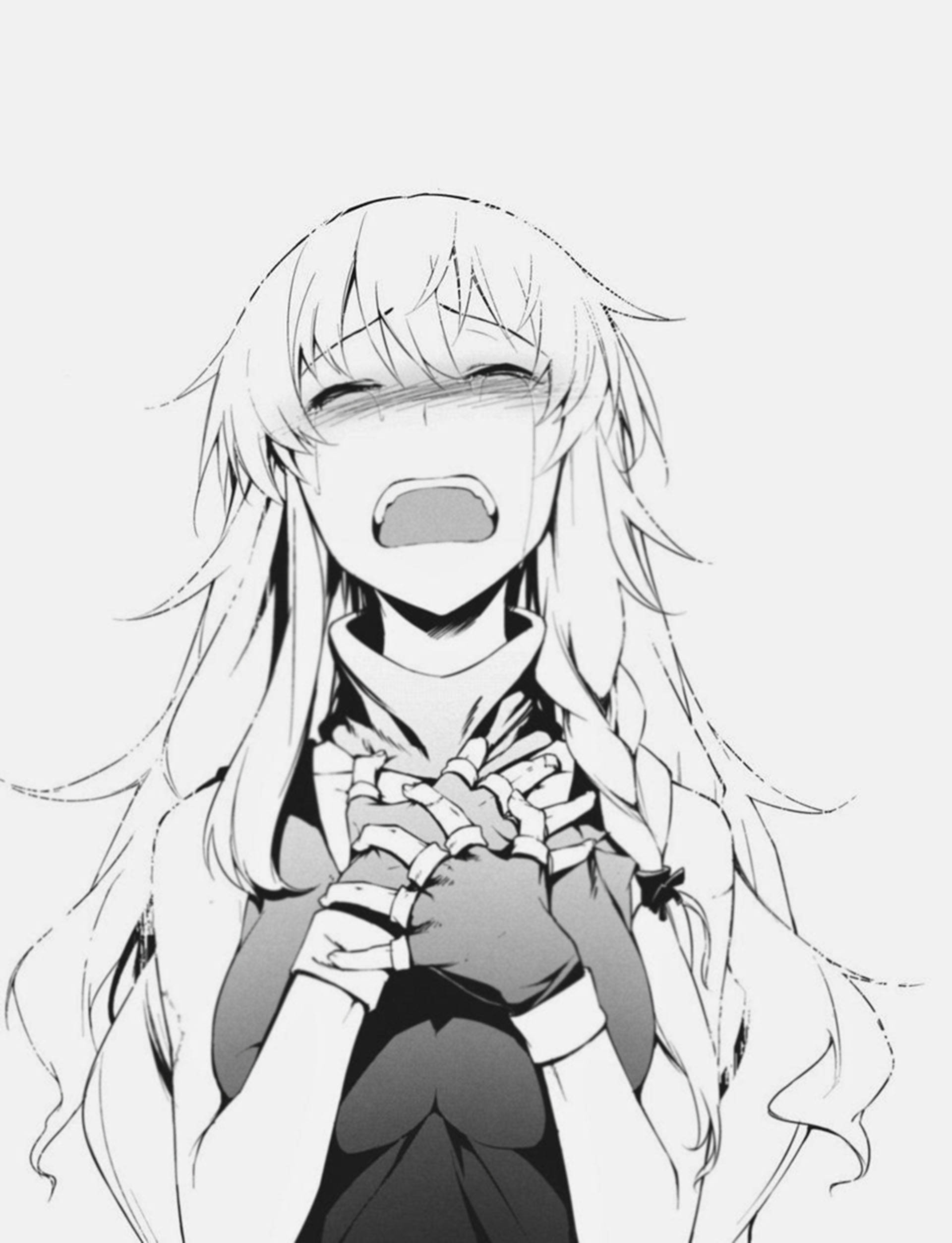 動漫女孩傷心畫像 壁紙 — 一個單色動漫長髮女孩尖叫著，雙手緊握在胸前，展現原始的情感。