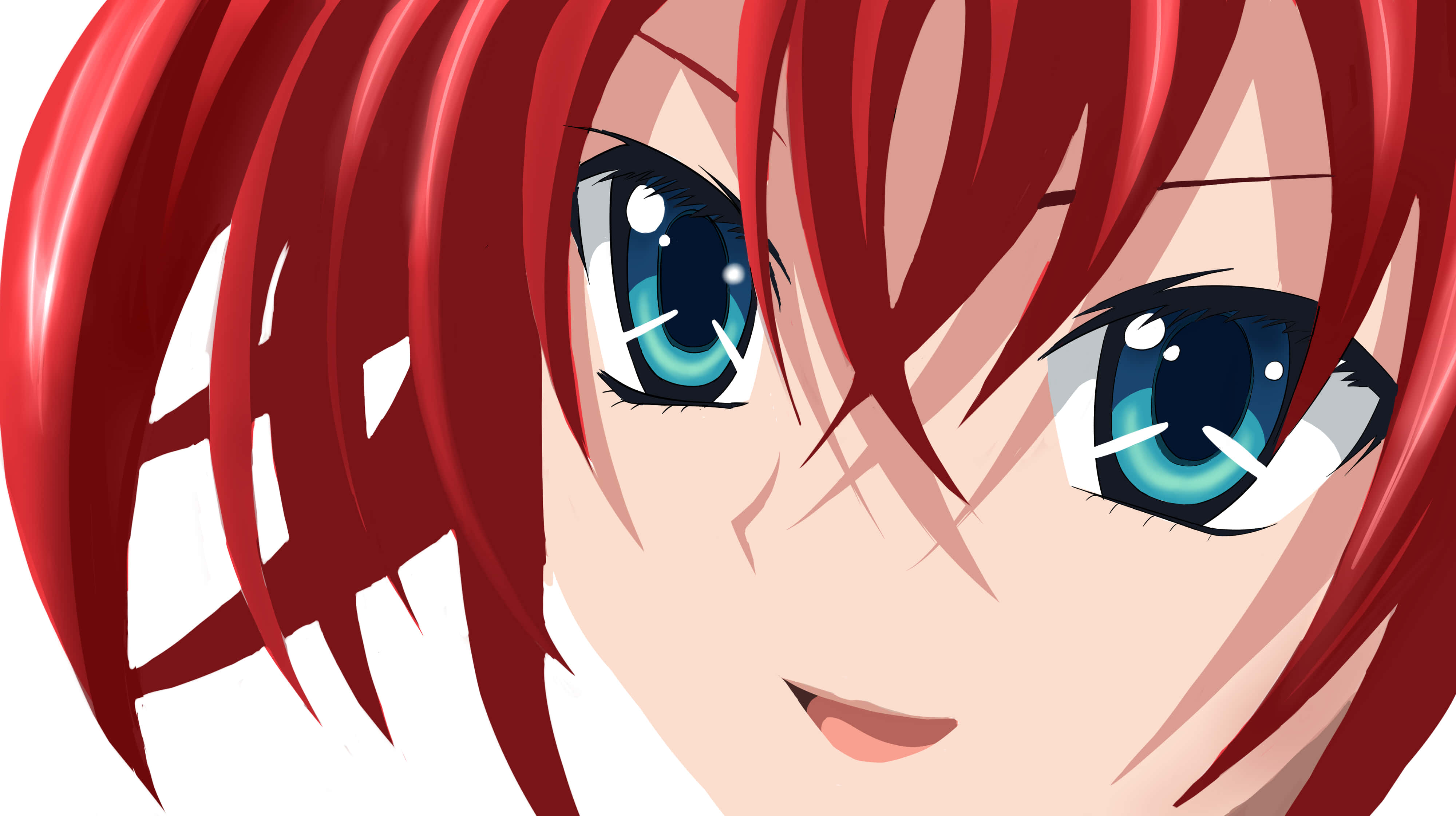Rias Gremory 桌布 壁紙 — 動漫女孩嘅特寫，佢有鮮紅色頭髮同搶眼嘅藍色眼睛，喺白色背景上溫柔咁微笑。