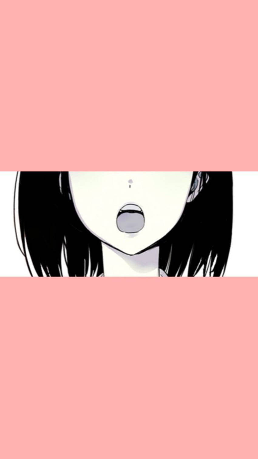 動漫女孩，黑髮張嘴，粉色背景。