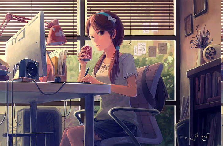 動漫女孩在陽光充足的房間裡用飲料和電腦在書桌前學習