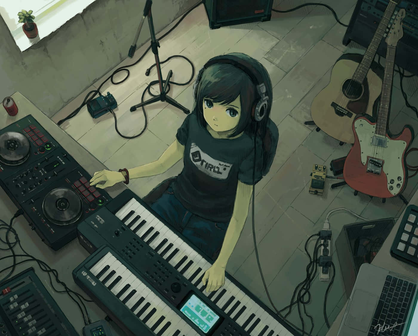 戴住耳機嘅動漫女仔喺音樂工作室入面彈奏鍵盤同DJ設備。