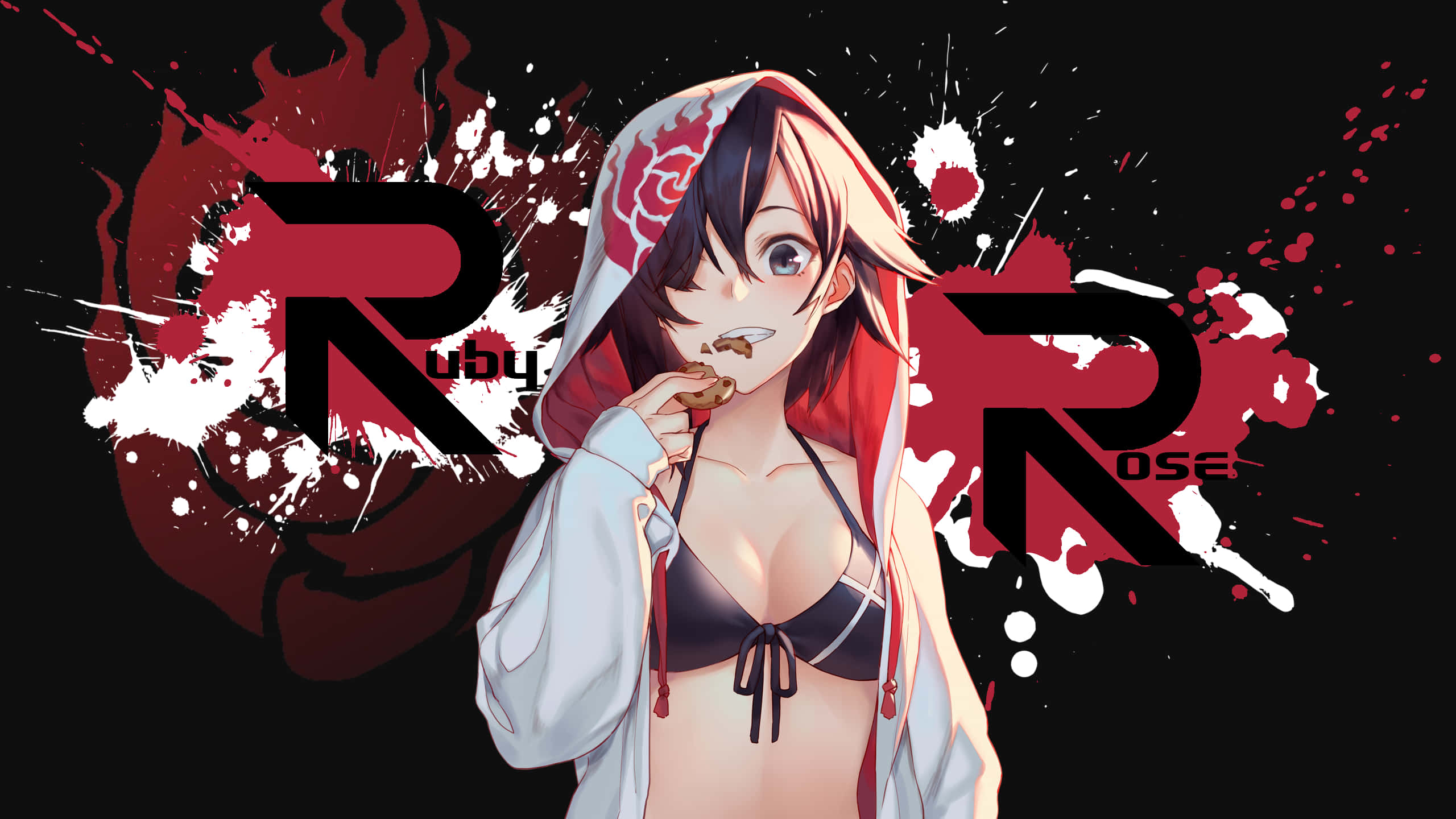 Rwby 桌布 壁紙 — 動漫女孩戴著紅色連帽衫和玫瑰徽章，在鮮明的紅白潑濺背景和大型R標誌前吃餅乾。