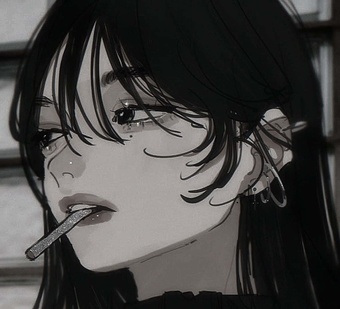 黑髮和穿環的動漫女孩在灰階中抽煙。