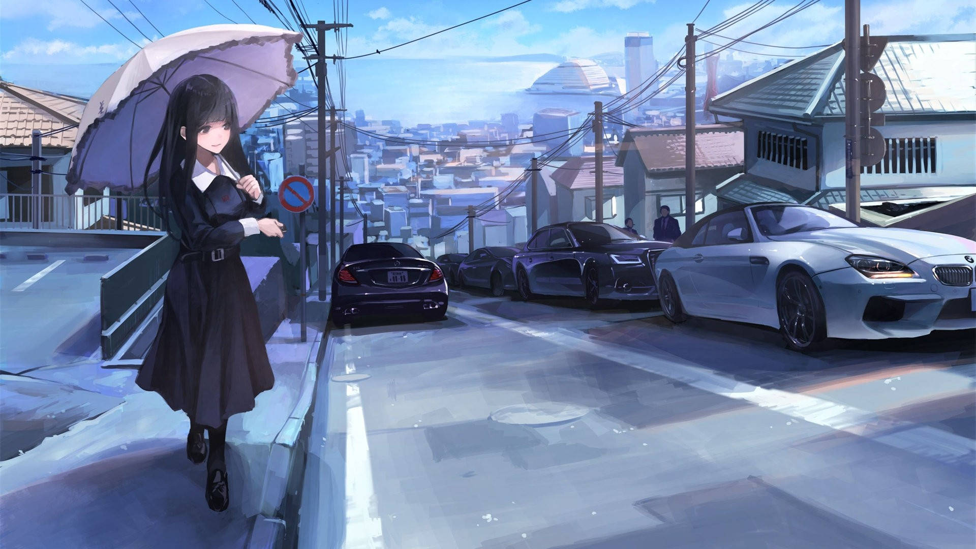 動漫女孩撐著雨傘在潮濕的城市街道上行走，附近停有豪華汽車。