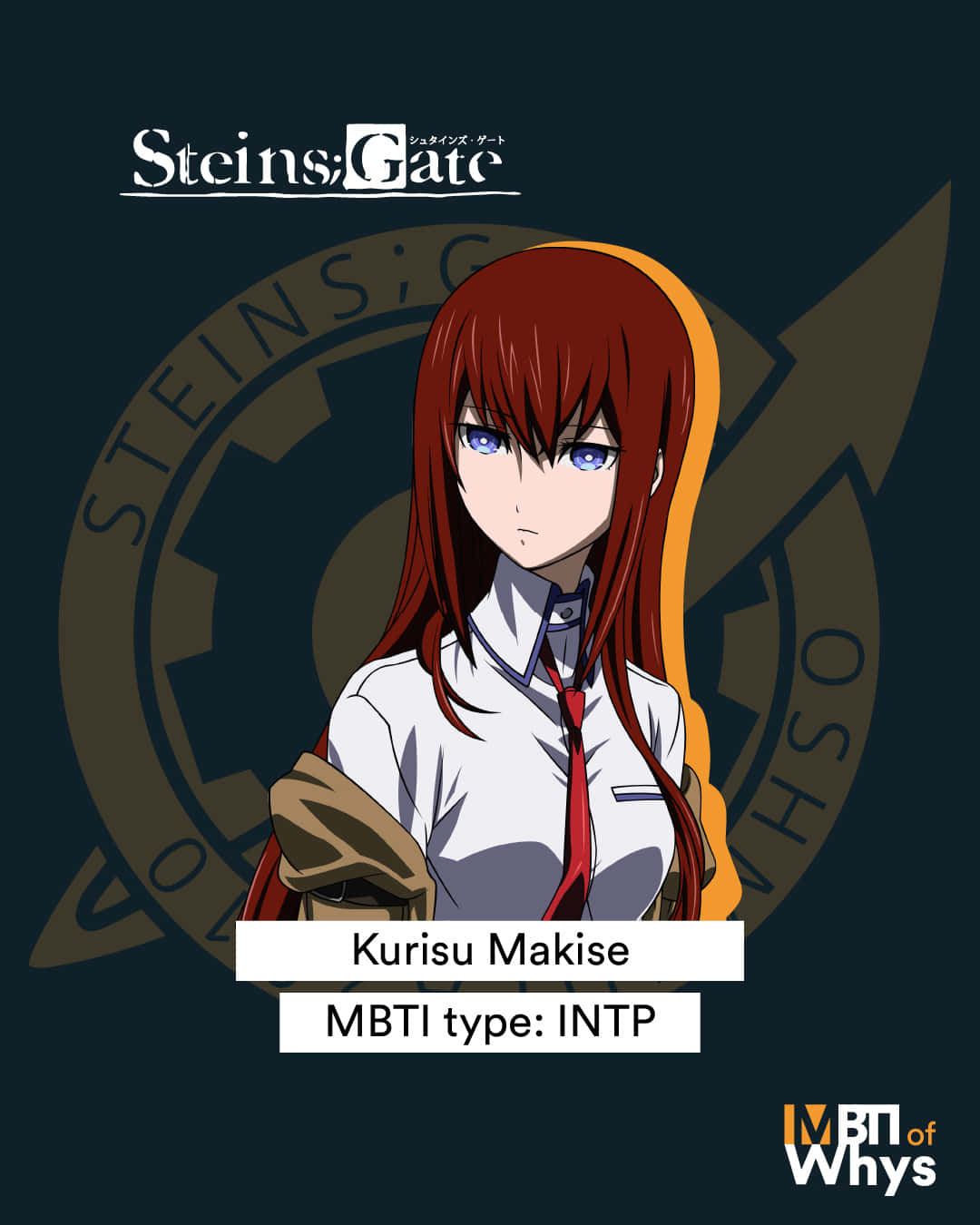 kurisu makise 桌布 壁紙 — 動漫女孩牧瀨紅莉栖，紅髮藍眼，身穿白襯衫和紅領帶，站在Steins;Gate標誌前。