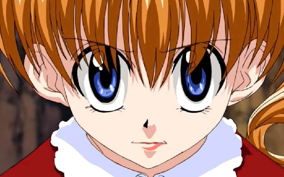 Biscuit Krueger 桌布 壁紙 — 動漫女孩特寫，擁有明亮的藍色眼睛和橙色頭髮，穿著紅色衣服，白色領子。