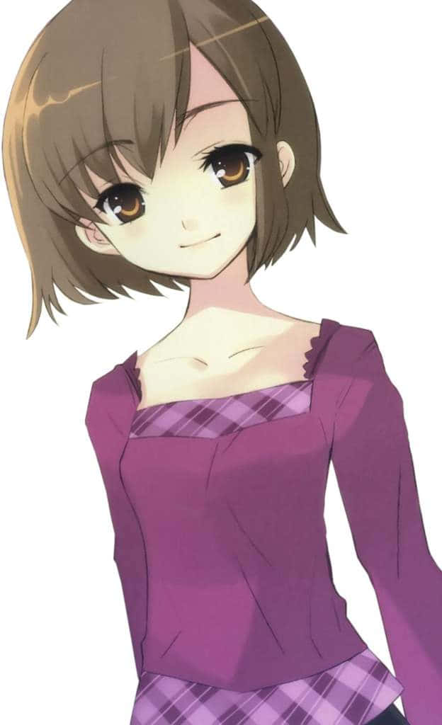 Haruhi Sasaki 桌布 壁紙 — 動漫女孩留著棕色波波頭，溫暖的棕色眼睛，穿著紫色格仔上衣，在純白色背景前溫柔微笑。