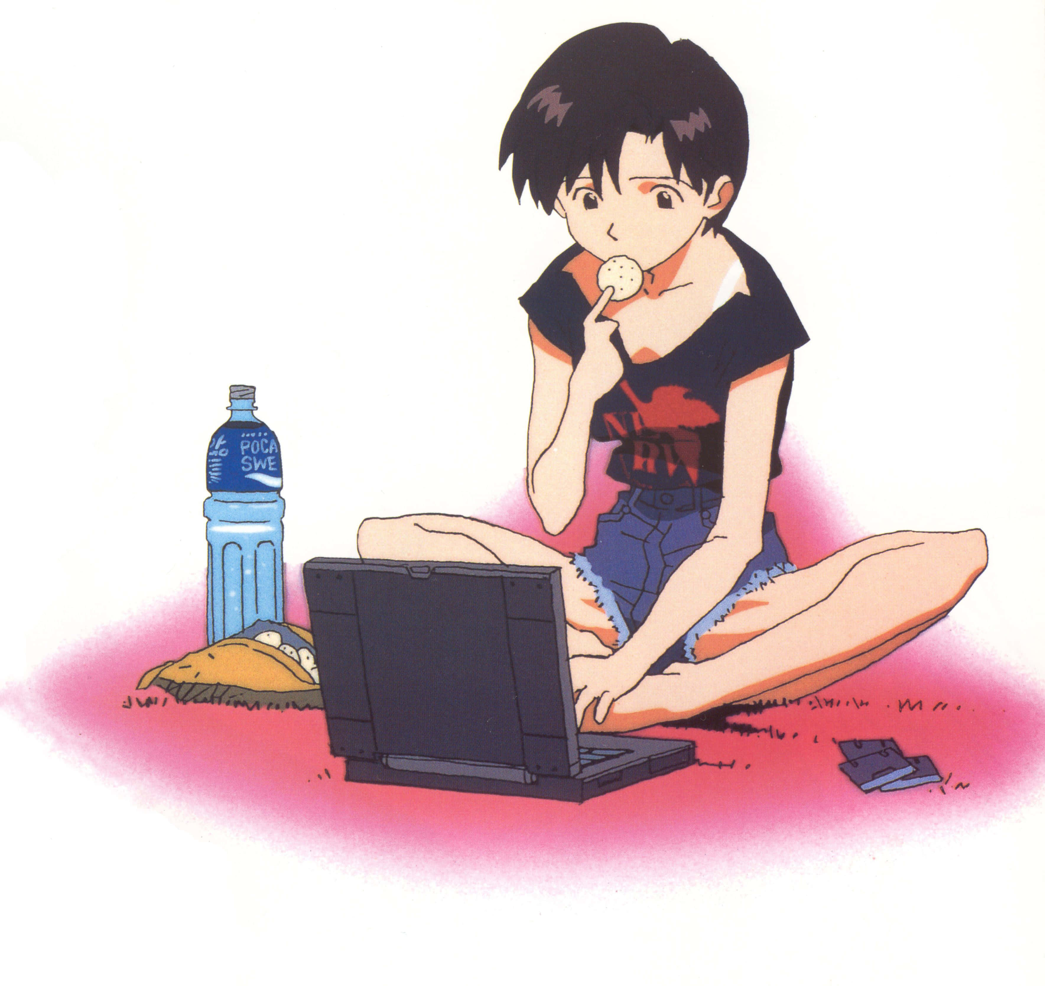 Maya Ibuki 桌布 壁紙 — 動漫女孩盤腿坐在草地上吃零食，同時使用手提電腦，附近有水樽。