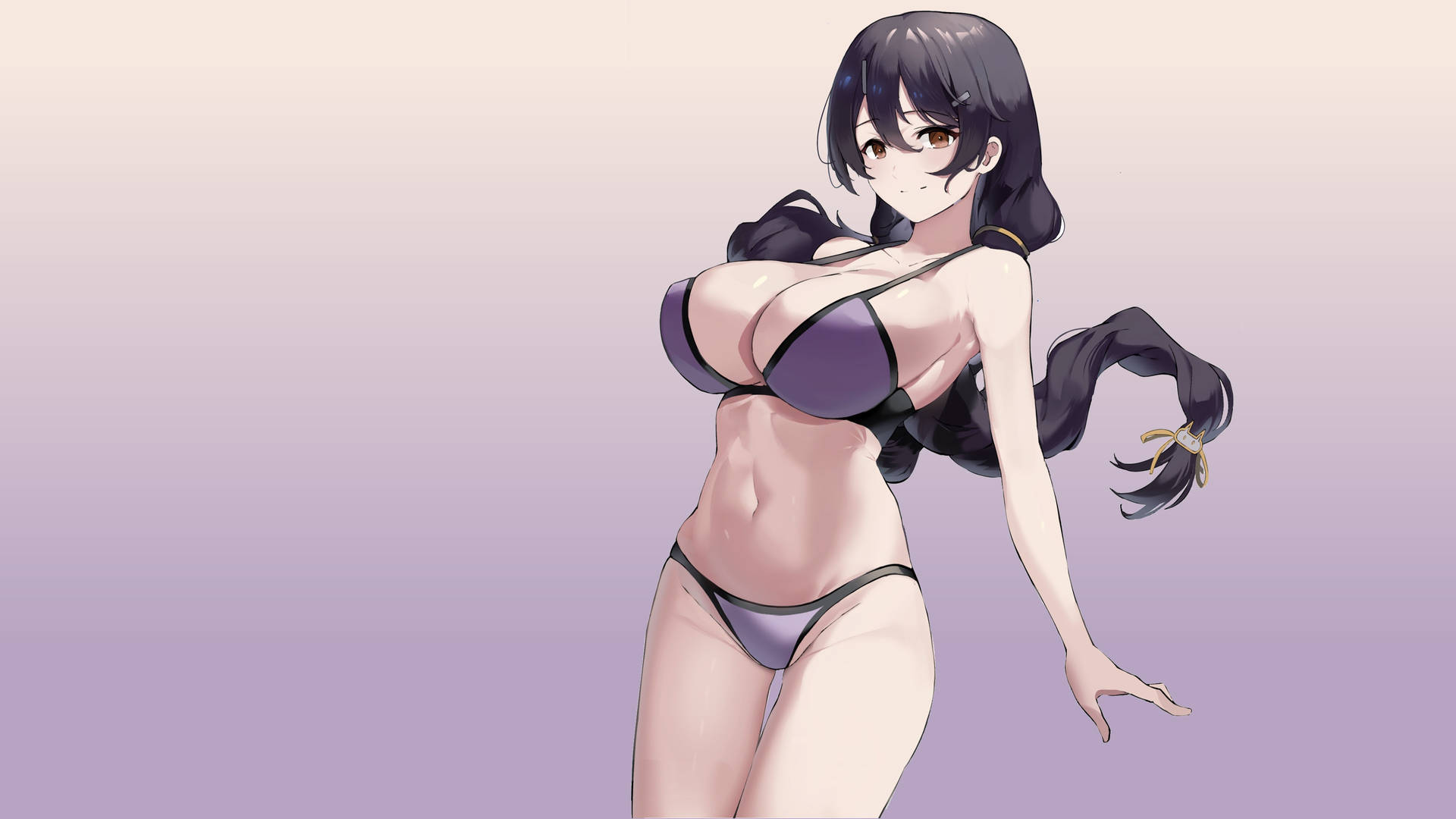 動漫女性穿著紫色比基尼，長長的黑髮在薰衣草背景前擺姿勢。 — 動漫女孩 壁紙