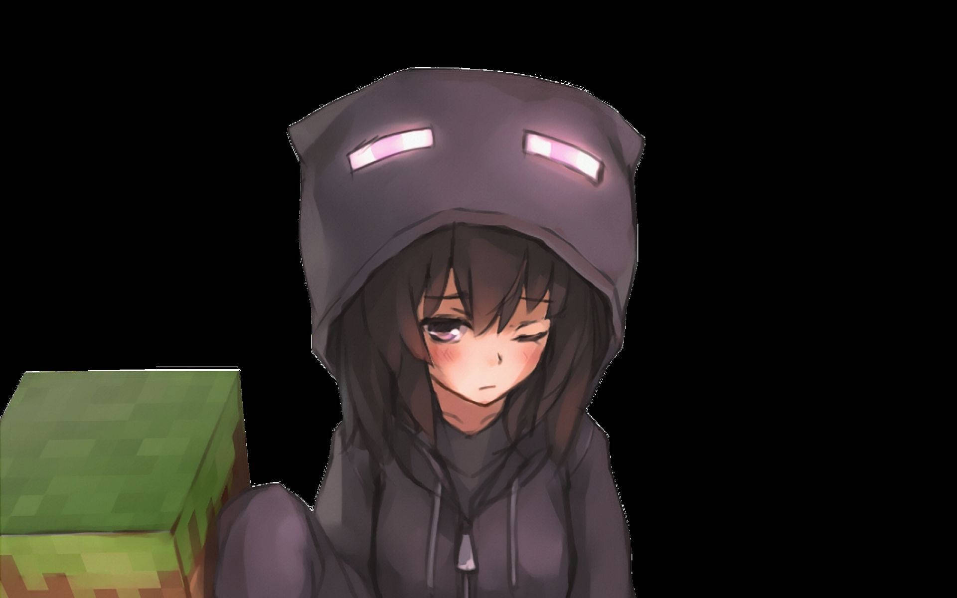 穿著Creeper連帽衫的動漫女孩手持Minecraft方塊。 — 可愛動漫頭像gif 壁紙