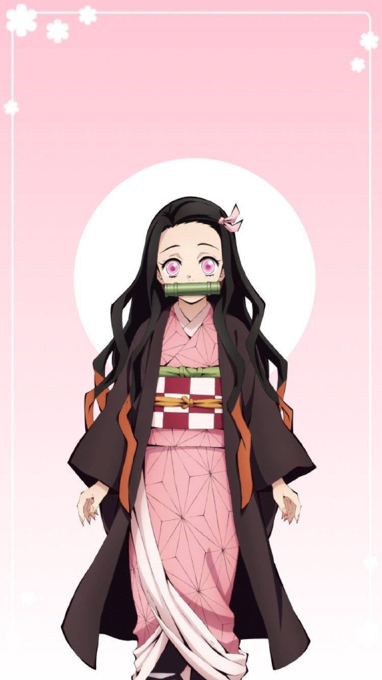 動漫女孩 桌布 壁紙 — 動漫女孩穿著粉紅色和服，戴著竹製口塞，站在柔和的粉紅色背景前，背景有白色櫻花。