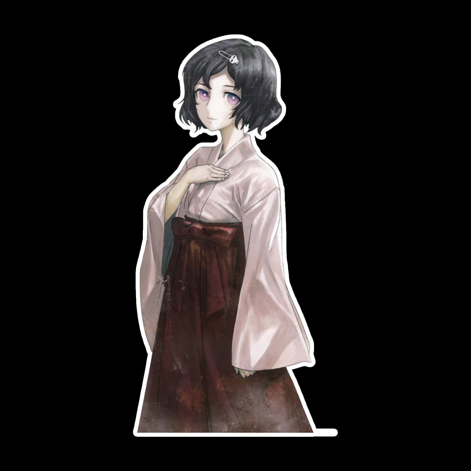 Luka Urushibara 桌布 壁紙 — 動漫女孩穿著粉紅色和服，深色頭髮和紫色眼睛，站在黑色背景前。