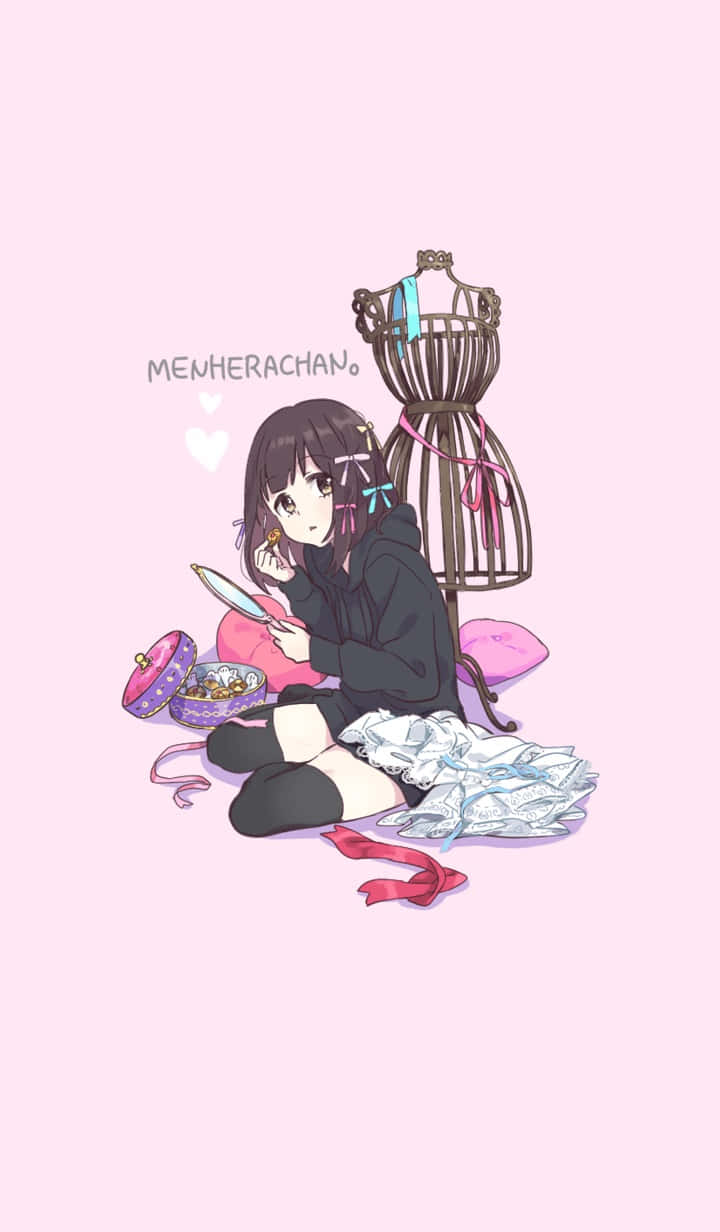 Menhera Chan 桌布 壁紙 — 動漫女孩穿著黑色連帽衫坐在粉紅色地板上，旁邊有服裝模特兒和散落的內衣，手持鏡子。