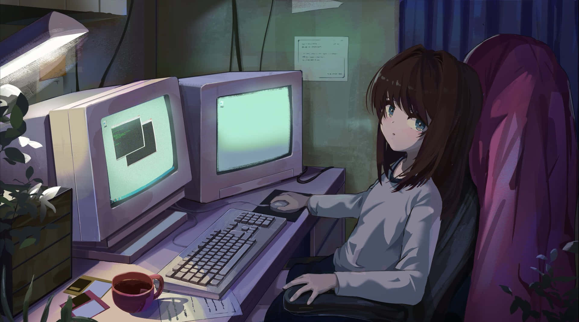 動漫女孩在舒適的夜晚房間裡使用復古電腦設置工作。