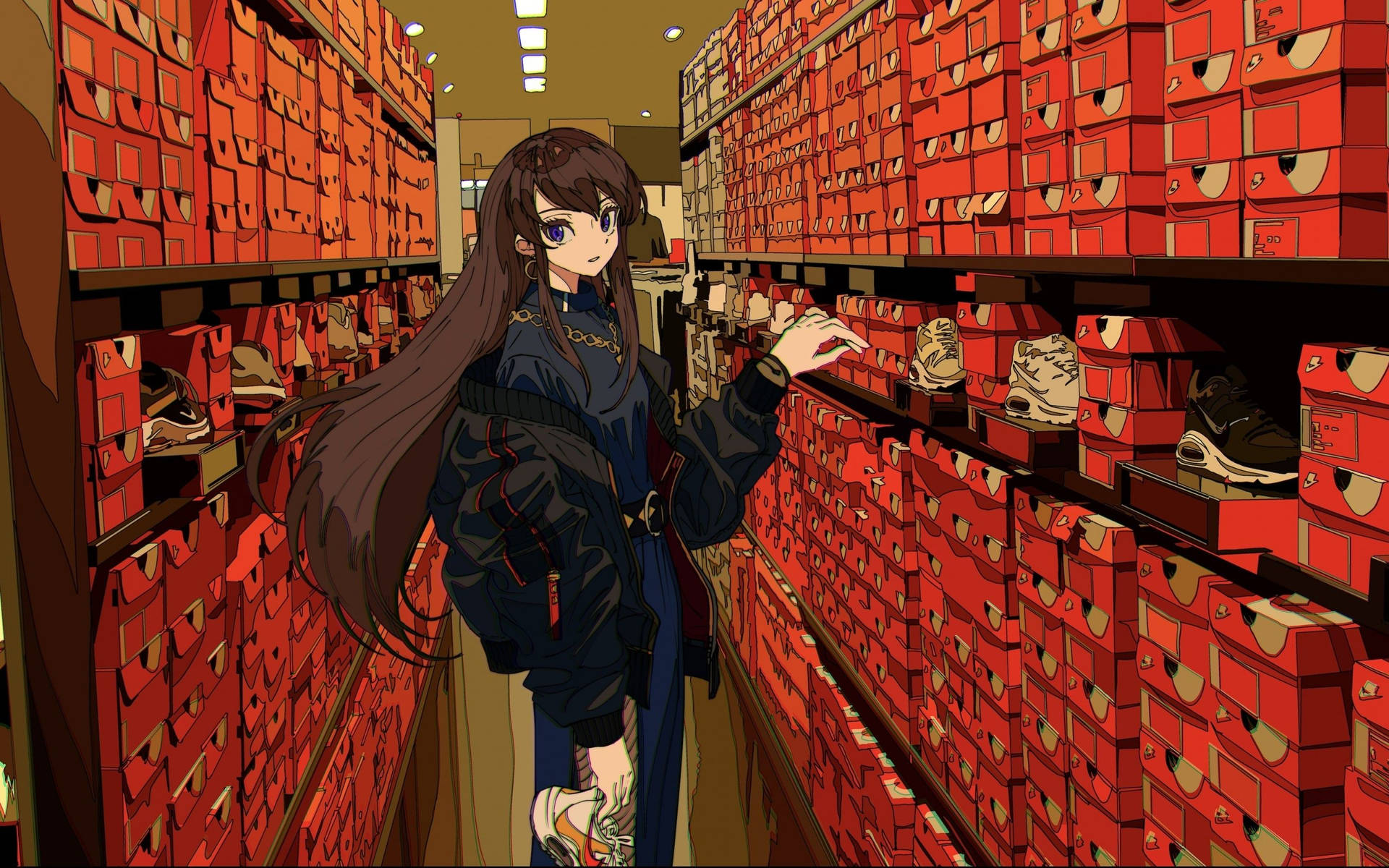 動漫女孩在紅色盒子的商店走道上選購鞋子。