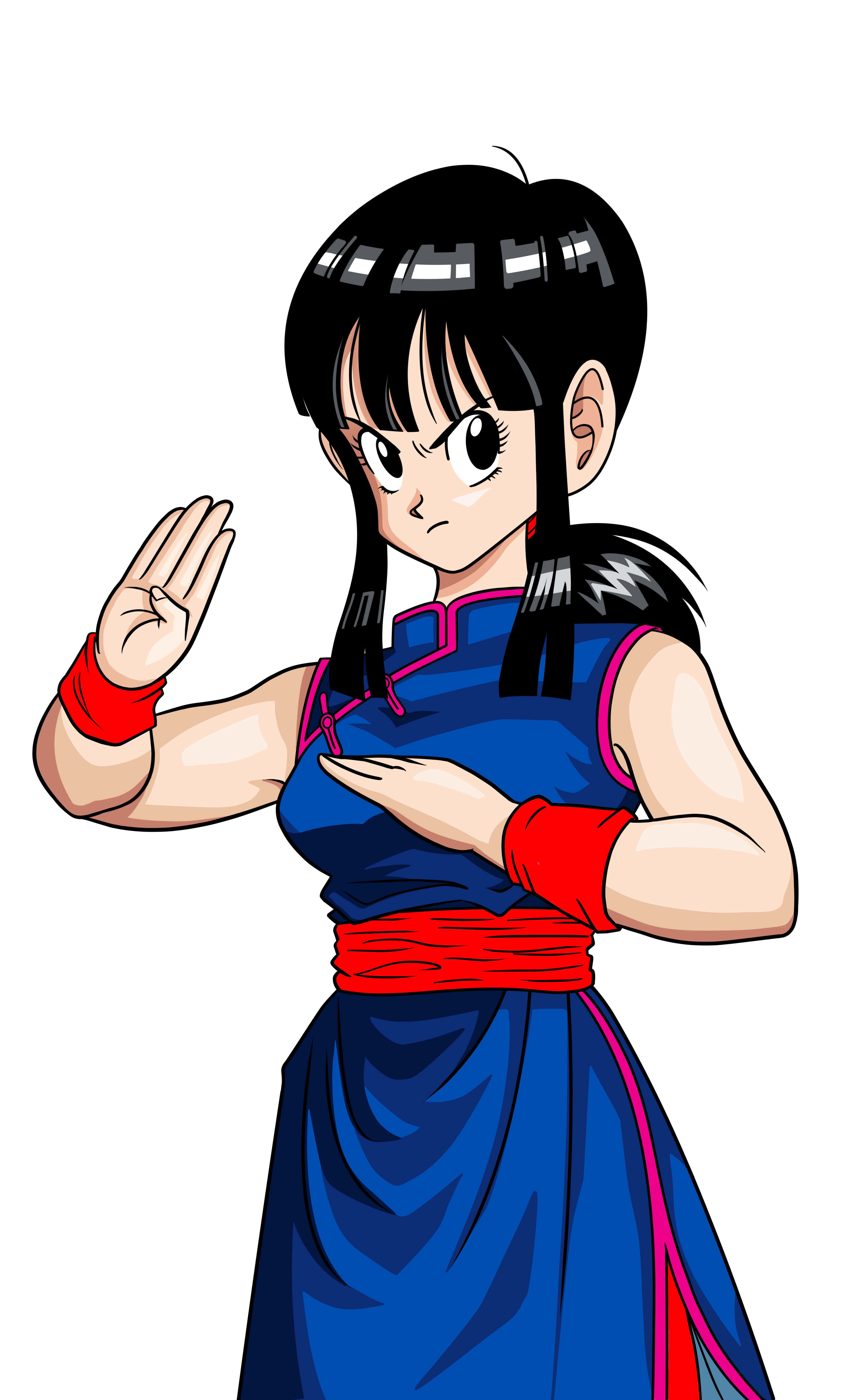 Chi-chi 桌布 壁紙 — 動漫女孩身穿藍紅武術服，在白色背景前擺出堅定的戰鬥姿勢。