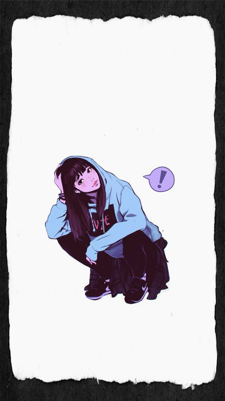 穿著連帽衫的動漫女孩蹲下，旁邊有感嘆號對話框。