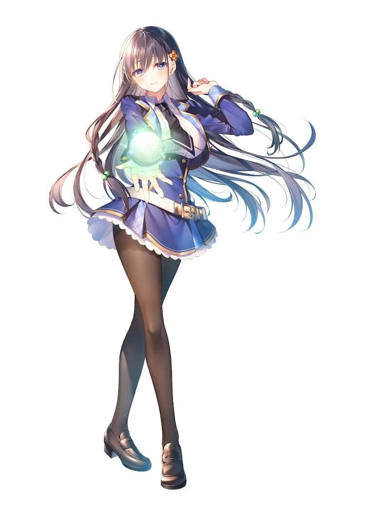 Excalibur 桌布 壁紙 — 動漫女孩長髮飄逸，身穿藍色校服，在白色背景前手持發光球體。
