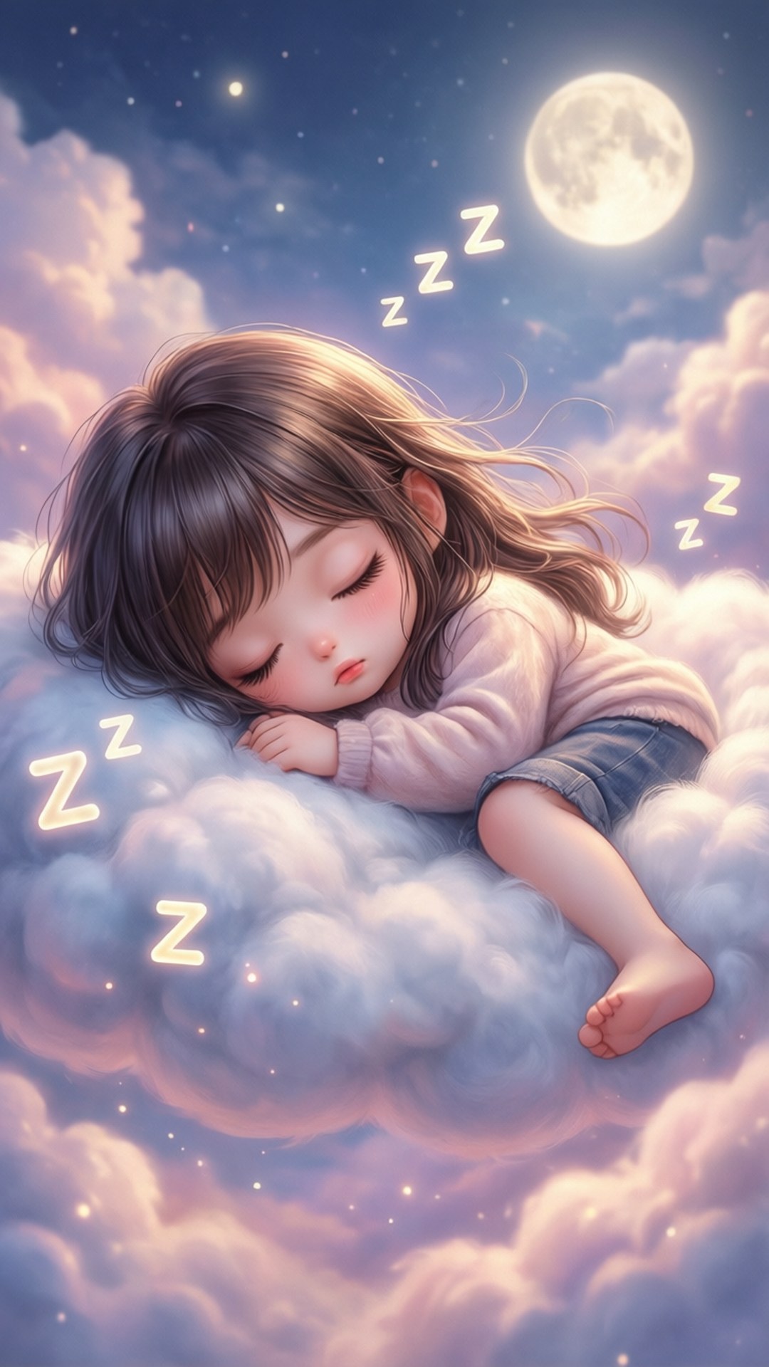 一個小女孩在滿月下，在雲朵上安睡，周圍漂浮著 zzz 符號。