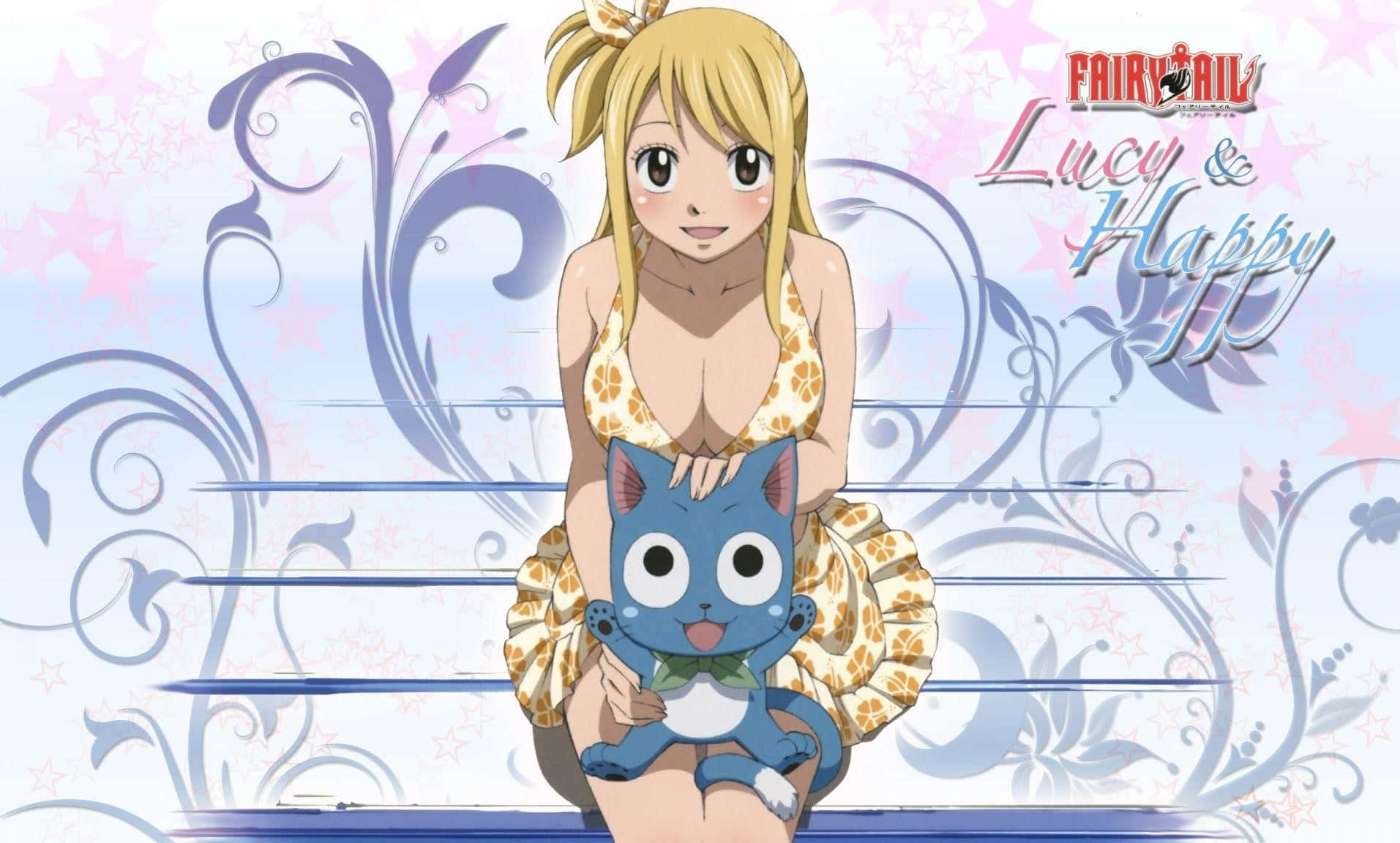 lucy heartfilia 桌布 壁紙 — 動漫女孩露西（Lucy）金髮和藍貓哈比（Happy）一起坐在花卉星空背景前。