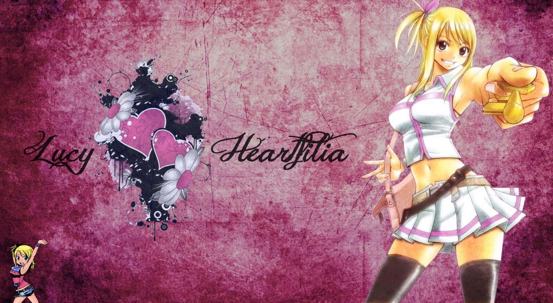 lucy heartfilia 桌布 壁紙 — 動漫女孩露西·哈特菲利亞穿著白色服裝，在帶有花卉心形設計的紋理紫色背景前手持金色鑰匙。