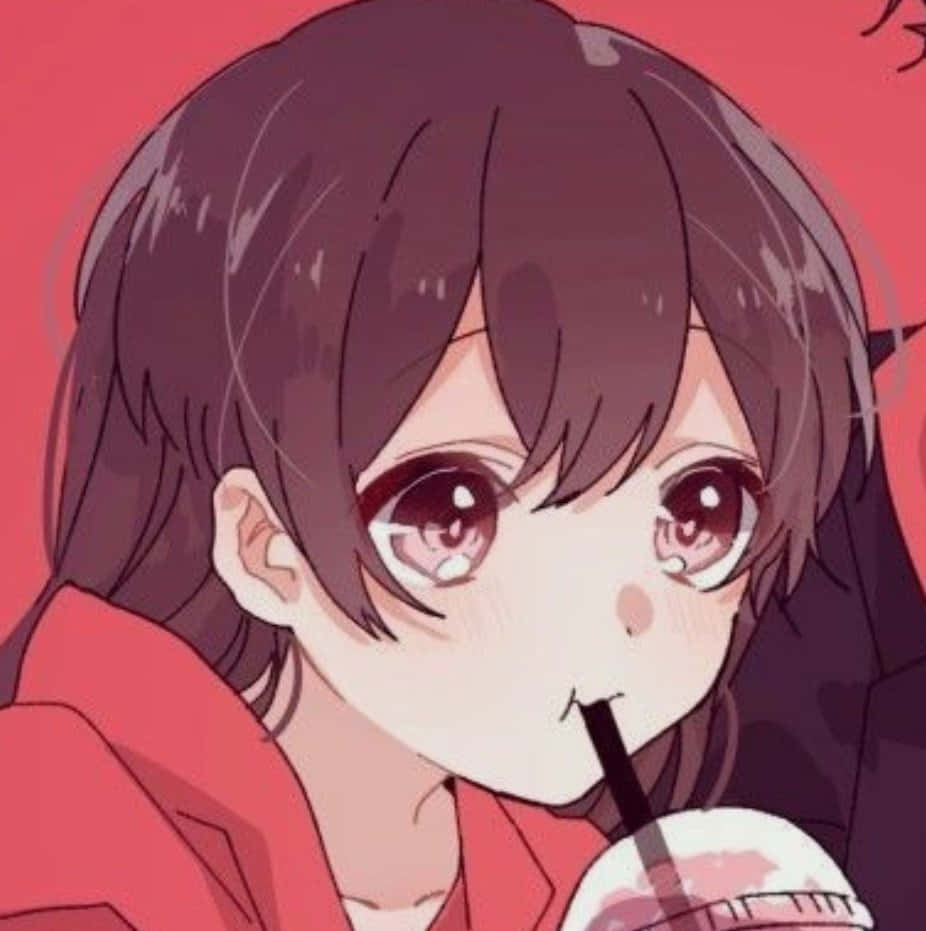 動漫女孩用吸管喝粉紅色飲料。