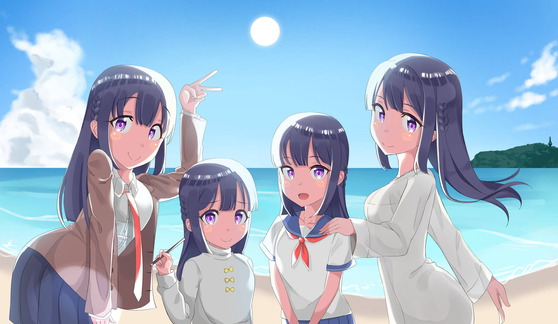 四個動漫女學生穿著校服，在陽光明媚的海灘上微笑。