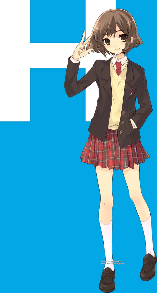 Haruhi Sasaki 桌布 壁紙 — 動漫女學生穿著校服，在搶眼的藍白十字背景前愉快地擺姿勢。