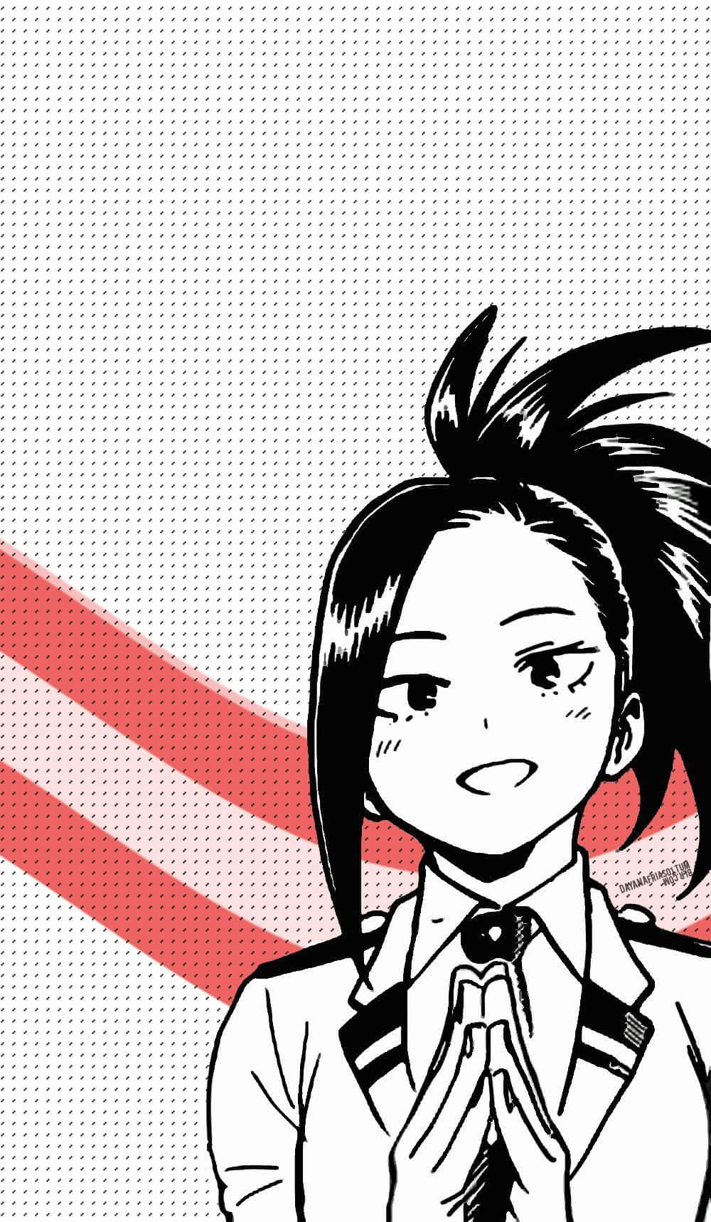 Momo Yaoyorozu 桌布 壁紙 — 動漫女學生穿著校服，在紅色斜紋背景前合十雙手，帶著充滿希望的笑容。