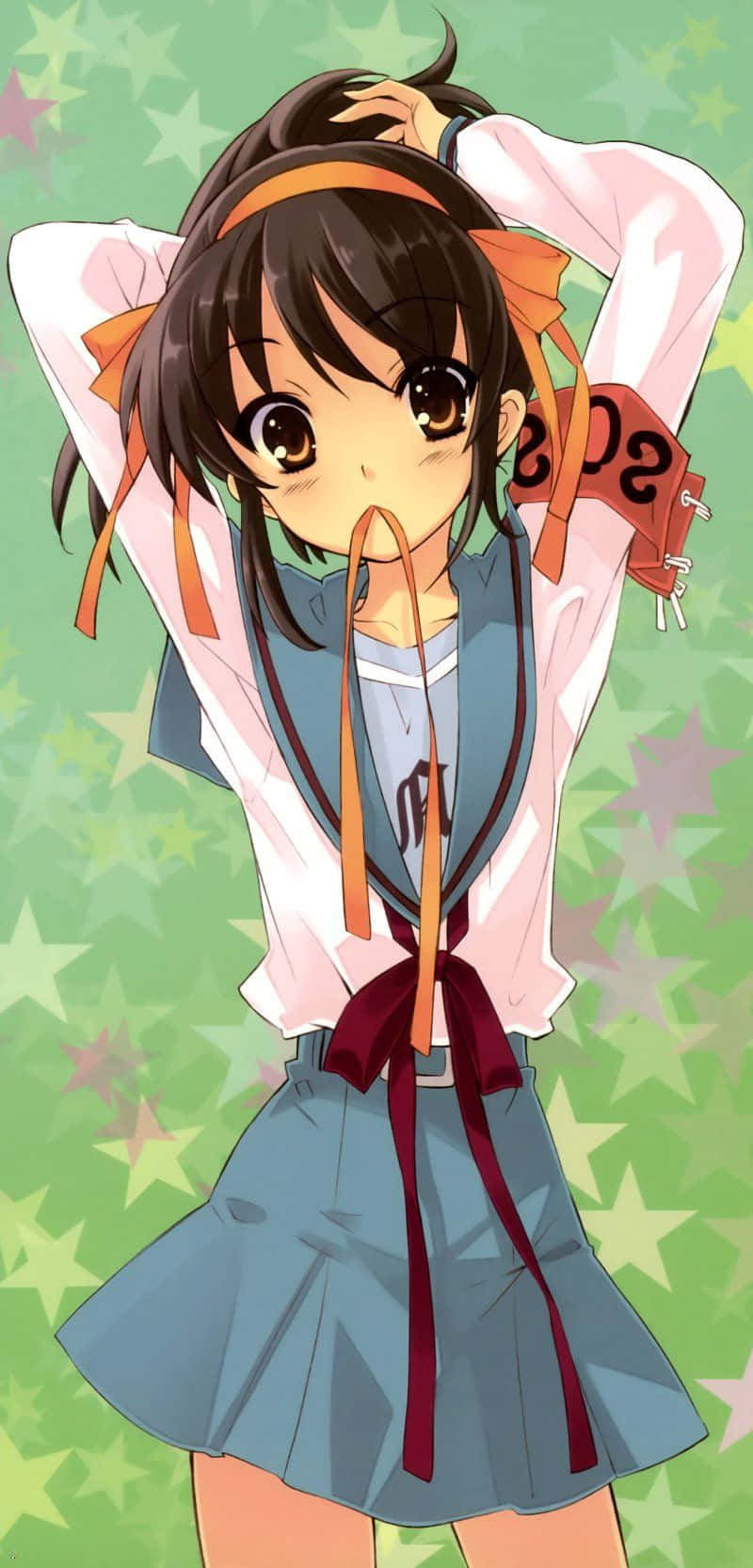 The Melancholy Of Haruhi Suzumiya 桌布 壁紙 — 動漫女學生穿著校服，在綠色星空背景下頑皮地咬著絲帶。