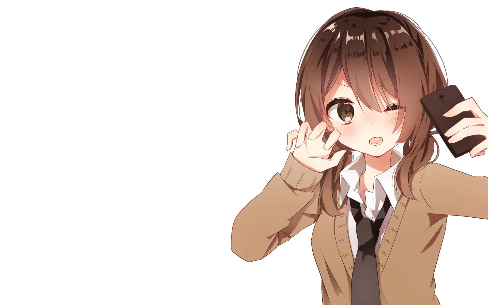 穿著校服的動漫女孩一邊用手機自拍一邊揮手。