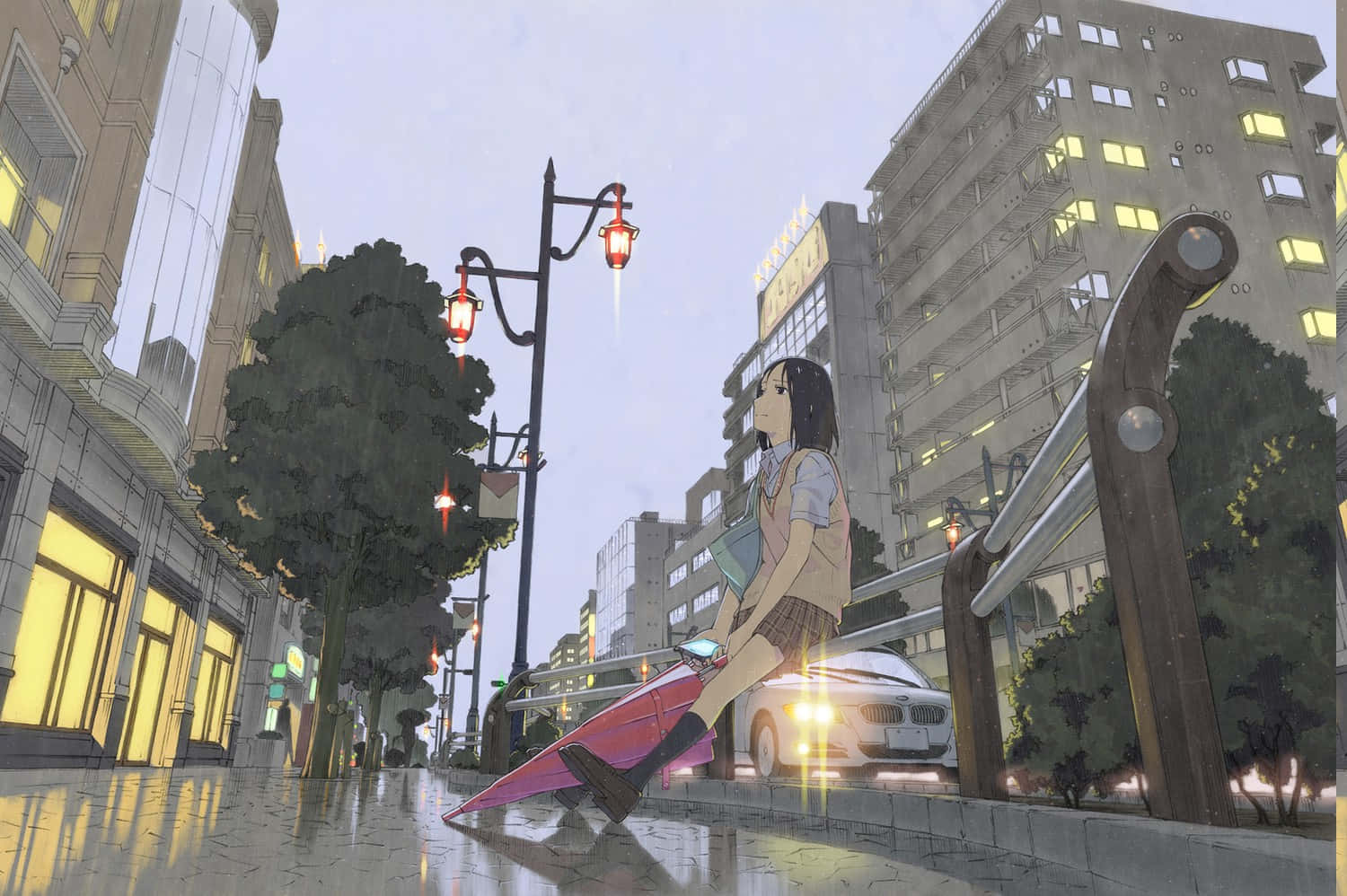 動畫女孩拿著粉紅色雨傘坐在城市濕漉漉的行人路上，暮色中。