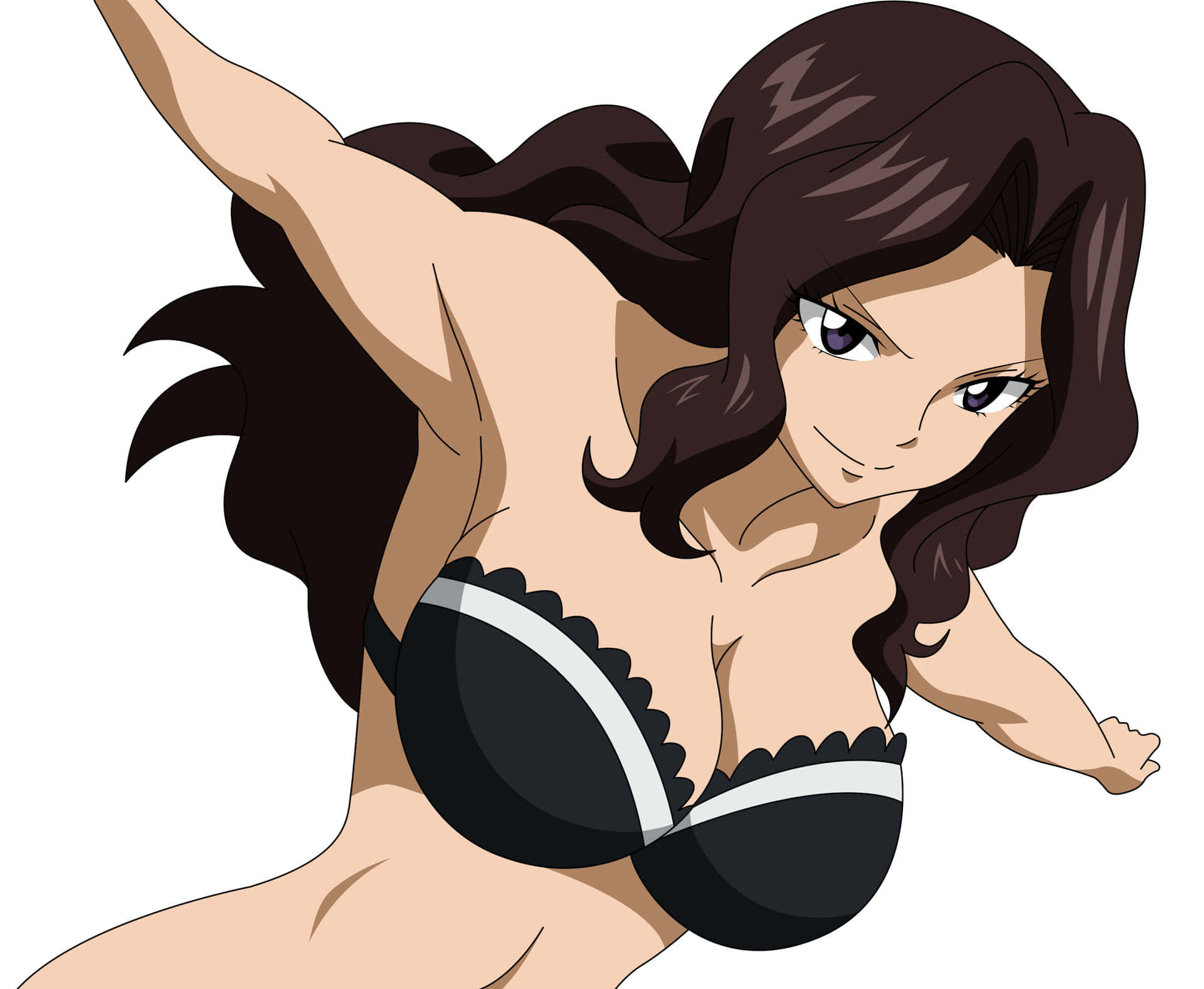 Cana Alberona 桌布 壁紙 — 動漫女性，深色波浪髮，紫色眼睛，穿著黑白比堅尼，在純白背景前擺出動感姿勢。