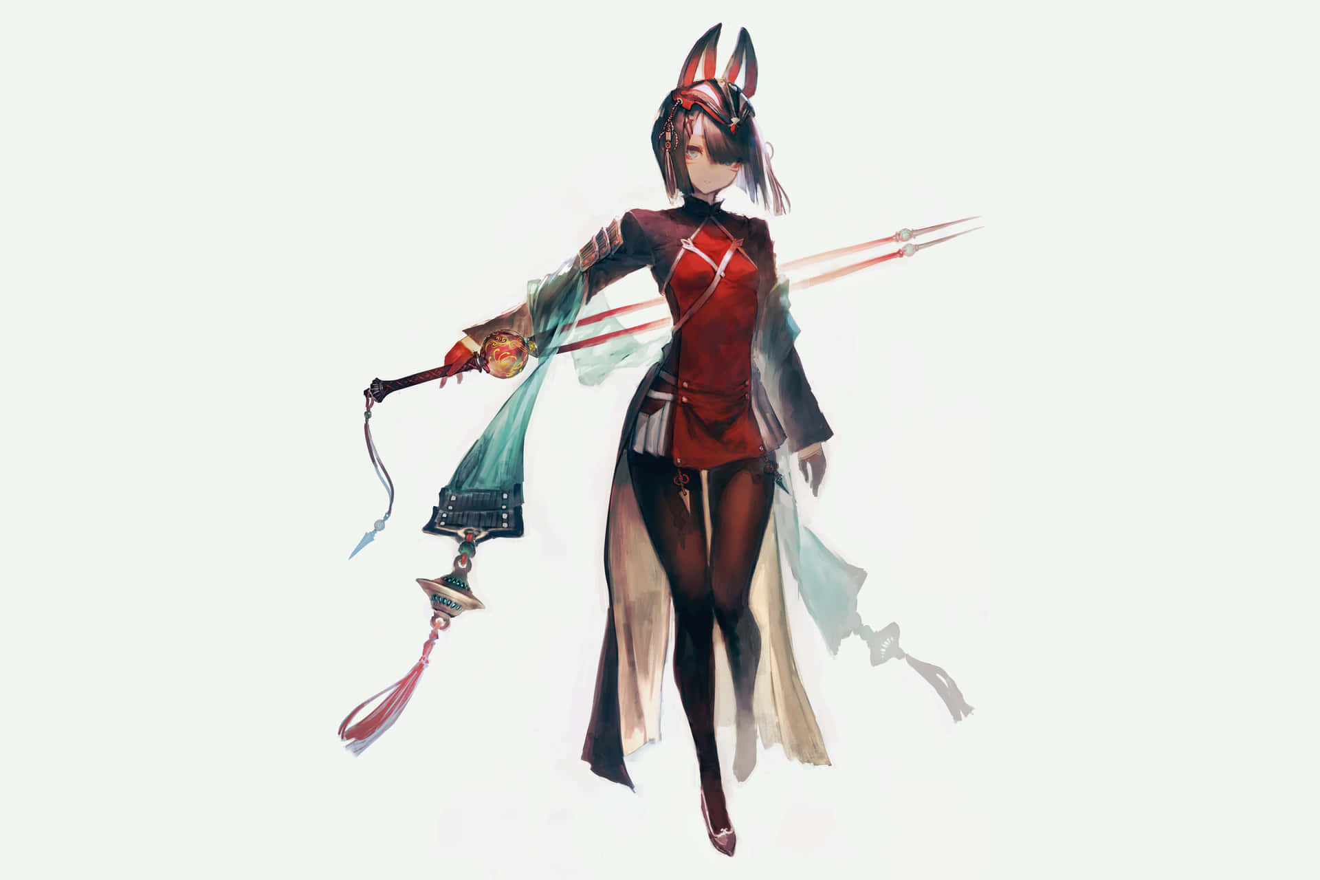 穿著紅綠服裝、手持裝飾劍的狐狸耳朵動漫角色。