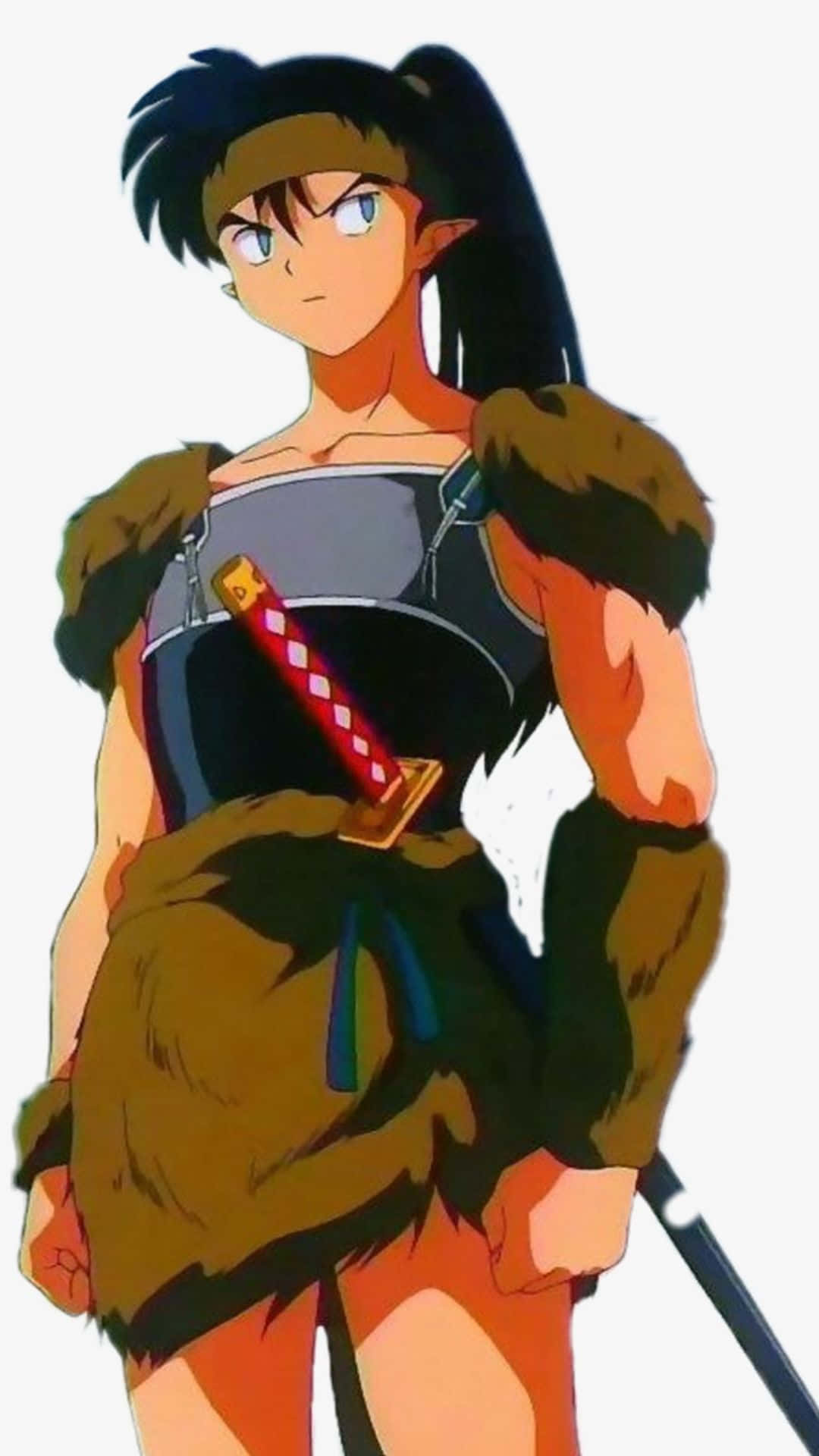 Inuyasha Koga 桌布 壁紙 — 動漫女戰士，黑色雙馬尾，身穿毛邊盔甲，在純白背景前手持劍。