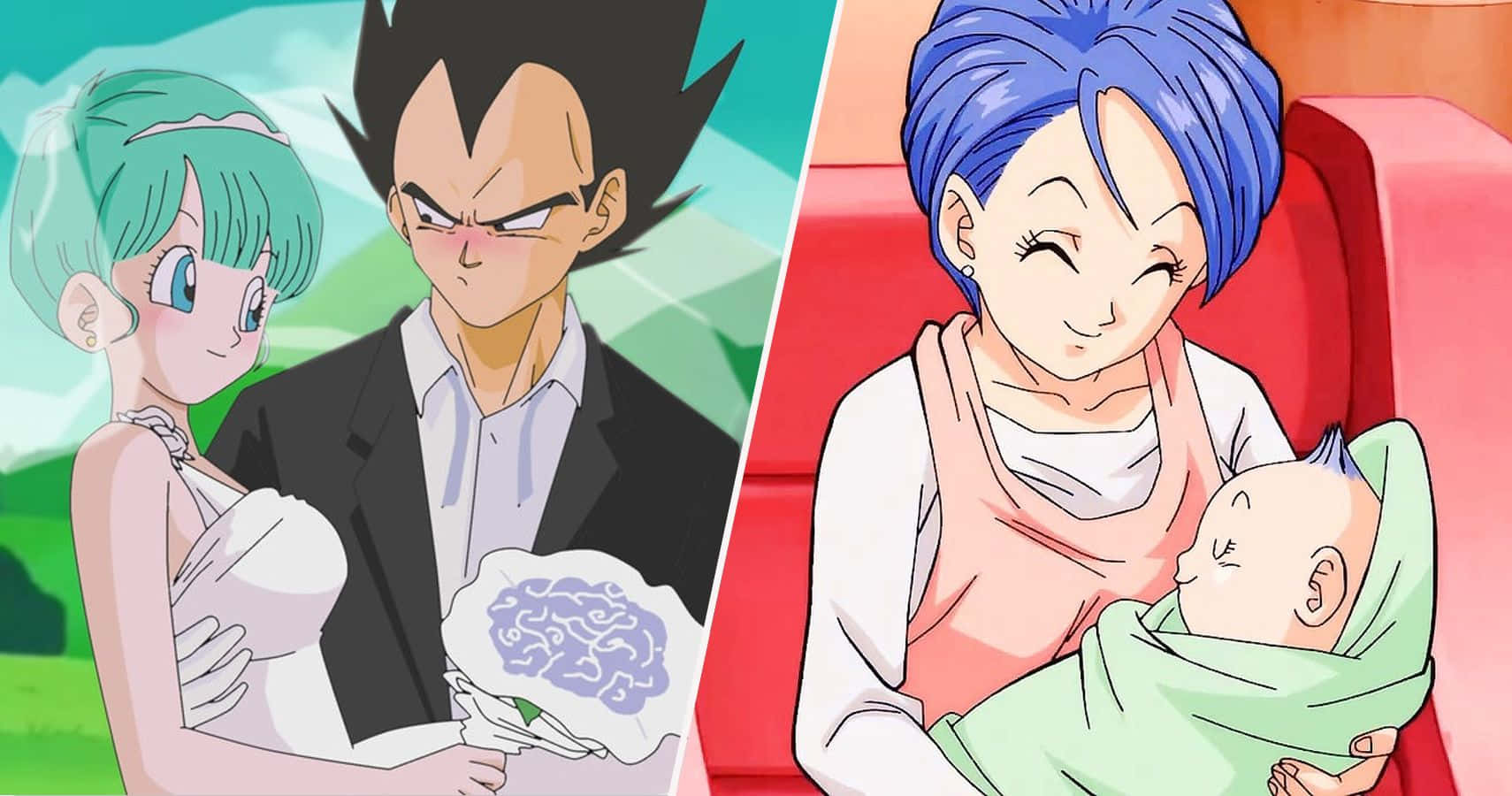 Vegeta's Family 桌布 壁紙 — 動漫婚禮場景，比達和布瑪拿著腦形花束，旁邊有一位平靜的藍髮女子懷抱著嬰兒。