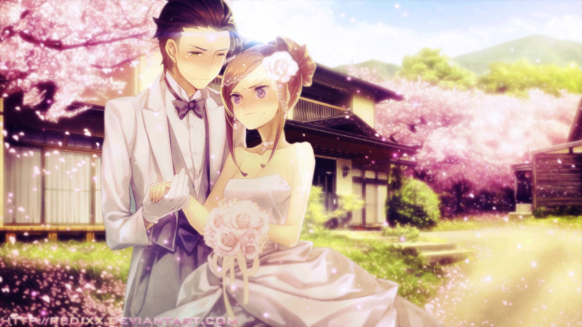 動漫婚禮美學 壁紙 — 一對溫柔的動漫情侶穿著婚禮服裝，站在盛開的櫻花下，背景是傳統的日本房屋。