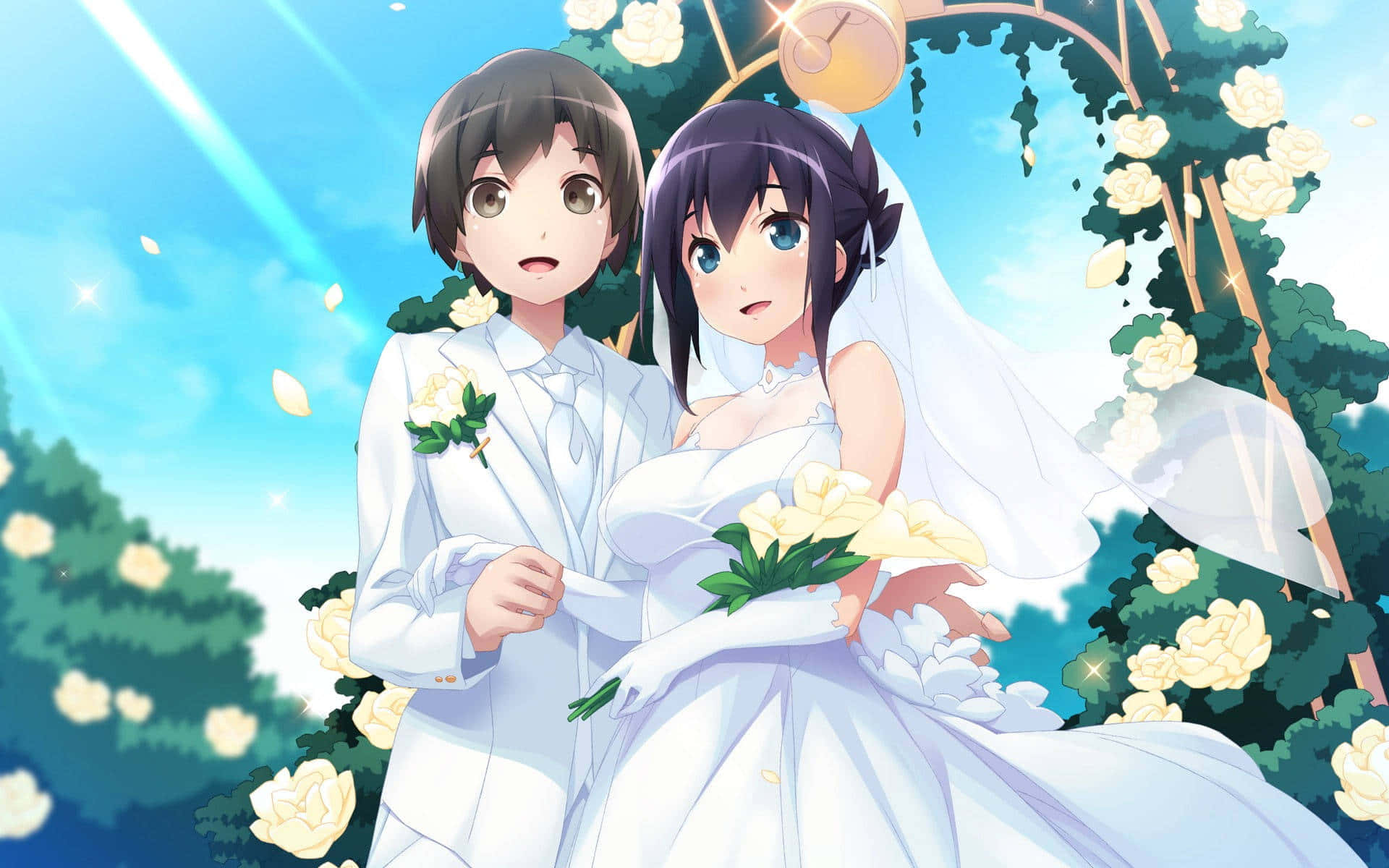 動漫婚禮配對PFP 壁紙 — 動漫情侶穿著婚禮服裝站在花拱門下，陽光灑落，花瓣飄落。