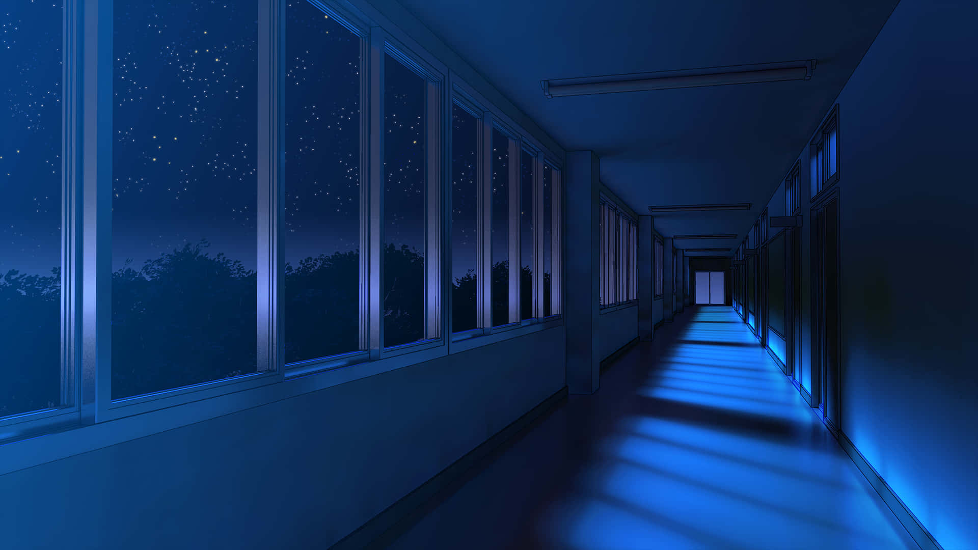 夜晚空蕩的學校走廊，透過窗戶可以看到星空。