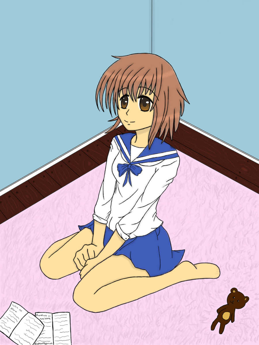 動漫學生坐姿圖 壁紙 — 穿著水手服的動漫女孩盤腿坐在粉紅色地毯上，旁邊放著打開的筆記本和泰迪熊。