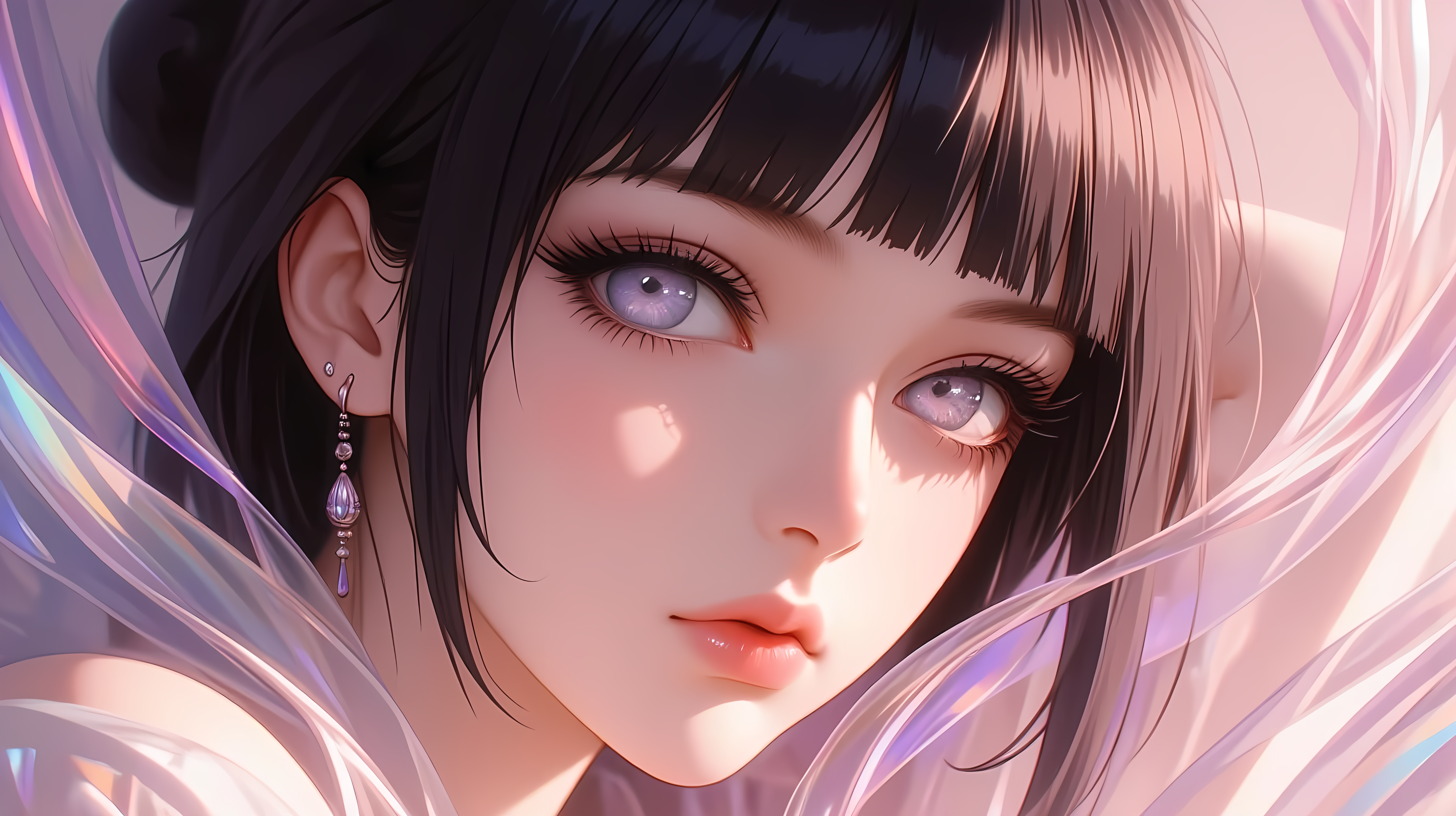 動漫少女 壁紙 — 一個年輕動漫女孩的特寫，她有紫色眼睛和黑色頭髮，周圍環繞著發光的粉紅色和紫色絲帶。